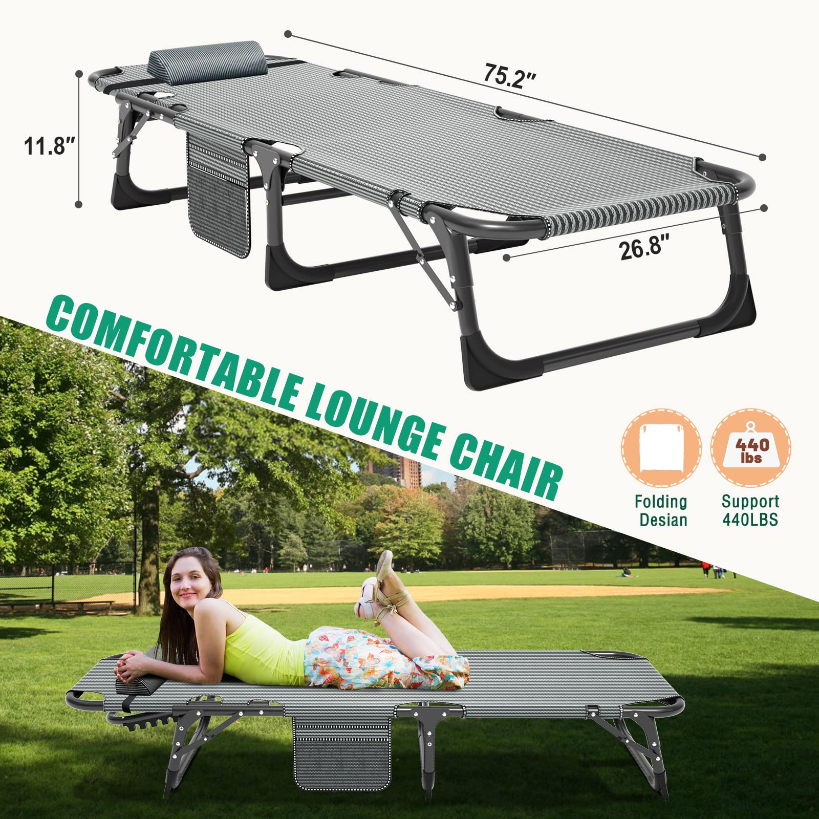 LILYPELLE 5-Position Adjustable Folding Lounge Chair with Mattress - Portable Outdoor Chaise Lounge for Sunbathing, Camping, Beach, Pool & Patio - Perfect for Relaxing, Travel & Backyard Use