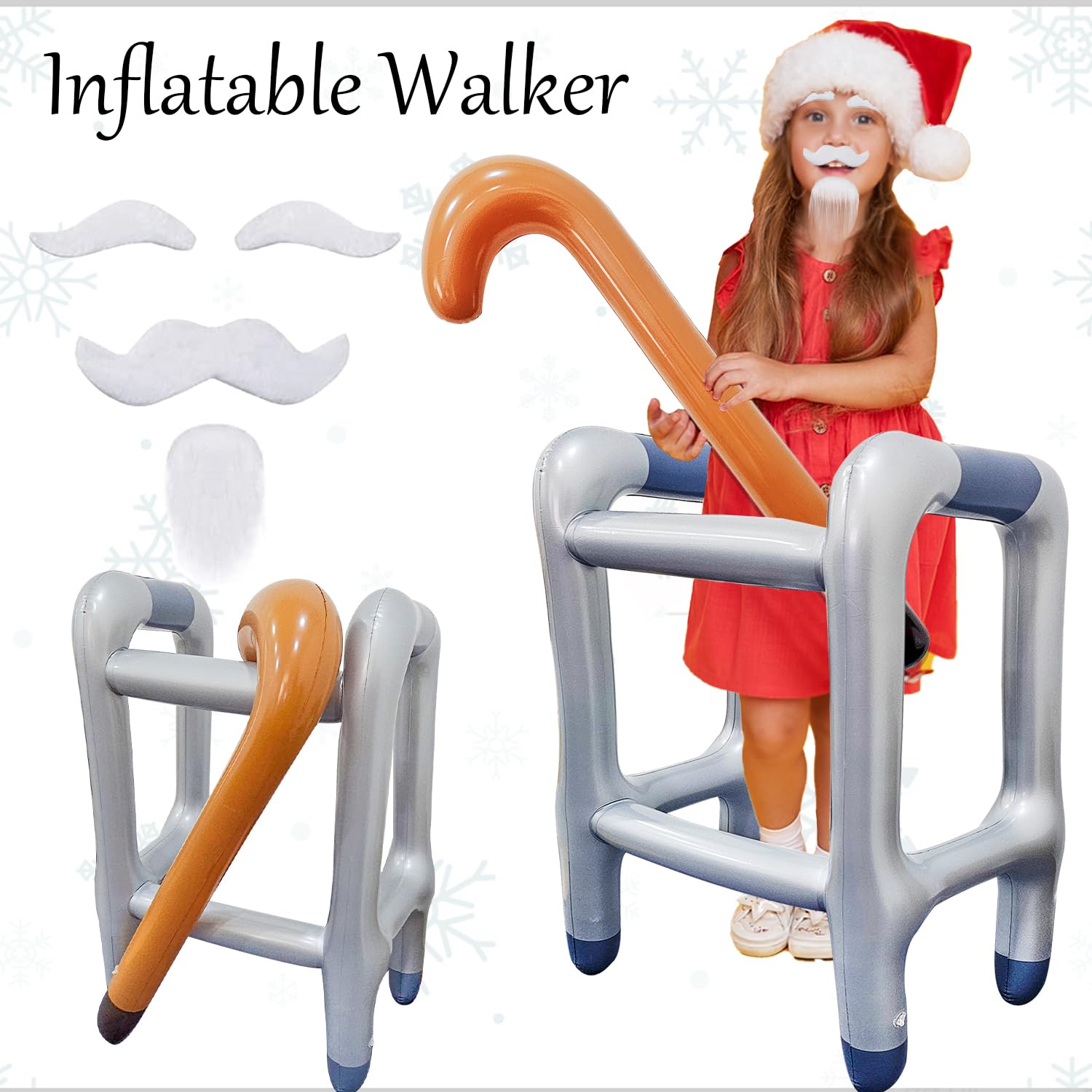 2 Pcs Inflatable Walker and Cane with Beard - Funny Old Age Costume Accessories for Men & Women - Retirement Gag Gift, Party Decoration - Perfect for Halloween, Themed Parties, and Practical Jokes