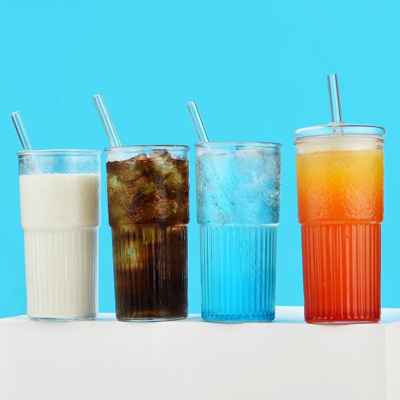 ALINK 22 oz High Borosilicate Glass Cups with Lids and Straws - Clear Iced Coffee Tumblers, Smoothie & Tea Drinking Glasses - Pack of 2 with Cleaning Brush - Perfect for Cold Brew, Iced Tea, and Refreshing Summer Drinks