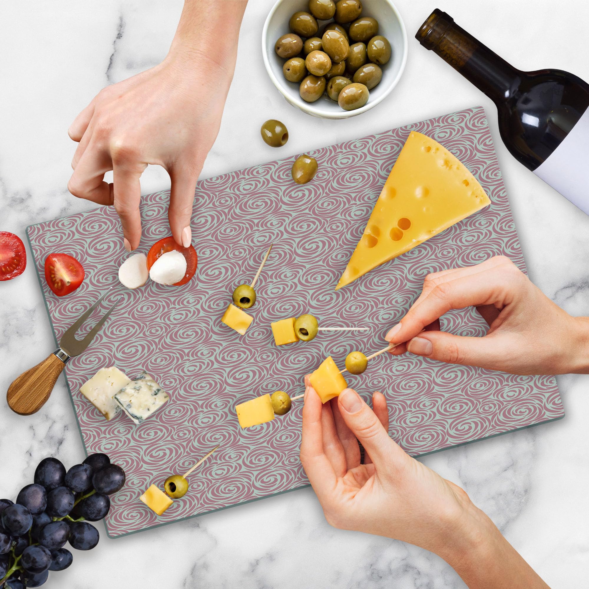 Ambesonne Rose Tempered Glass Cutting Board - Large Floral Design with Abstract Swirl Patterns in Pale Pink & Off White - Perfect for Kitchen Prep, Charcuterie Serving & Home Decor