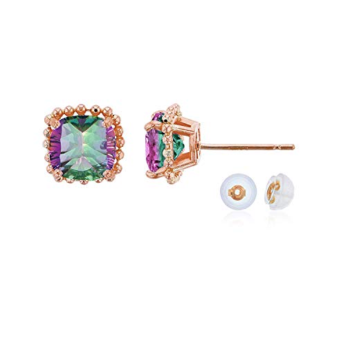 14K Rose Gold 6x6mm Cushion Cut Bead Frame Stud Earrings with Silicone Backs - Hypoallergenic Cubic Zirconia Earrings for Women, Perfect for Weddings, Parties & Everyday Wear