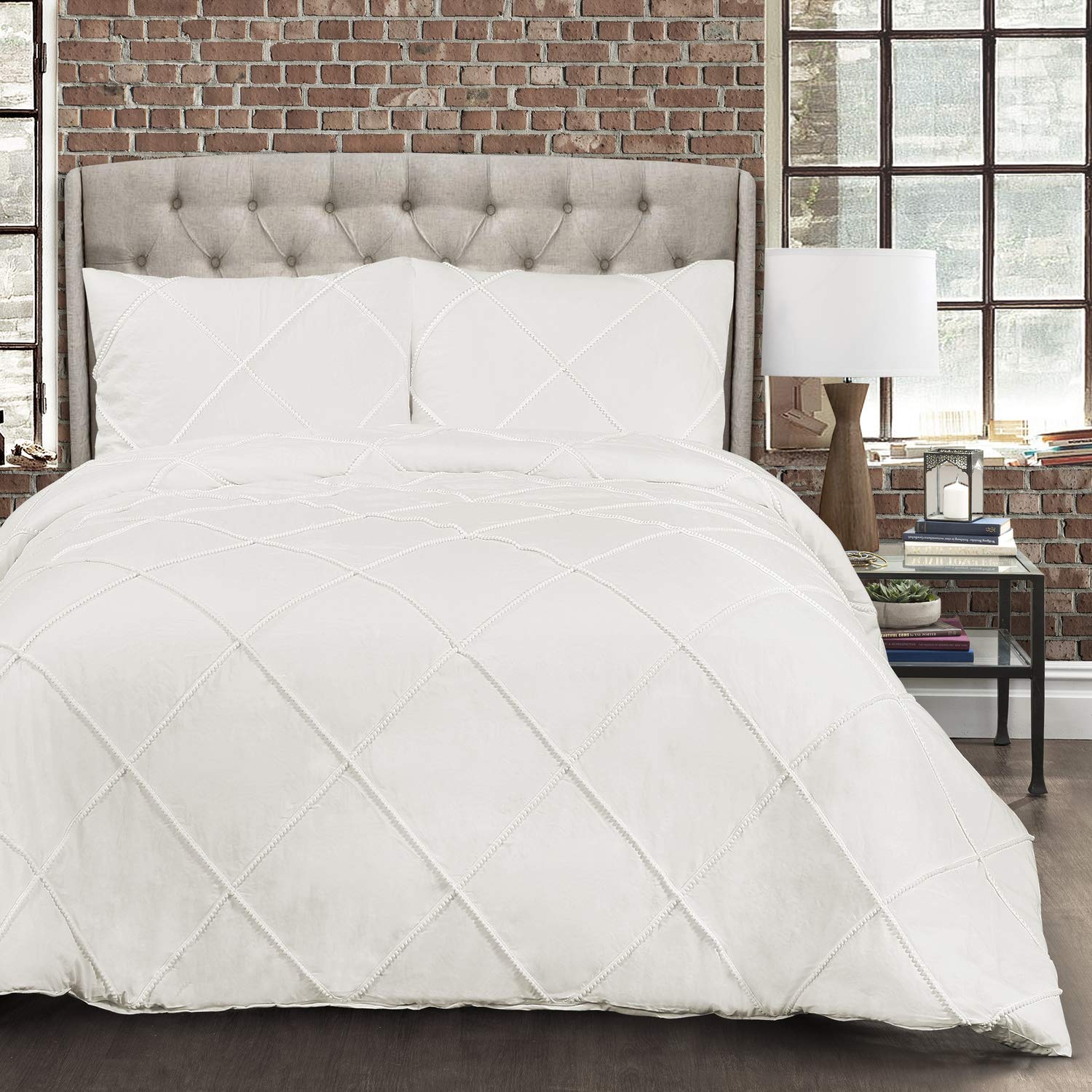 Lush Decor Diamond Pom Pom King Comforter Set - White for Bedroom Decor