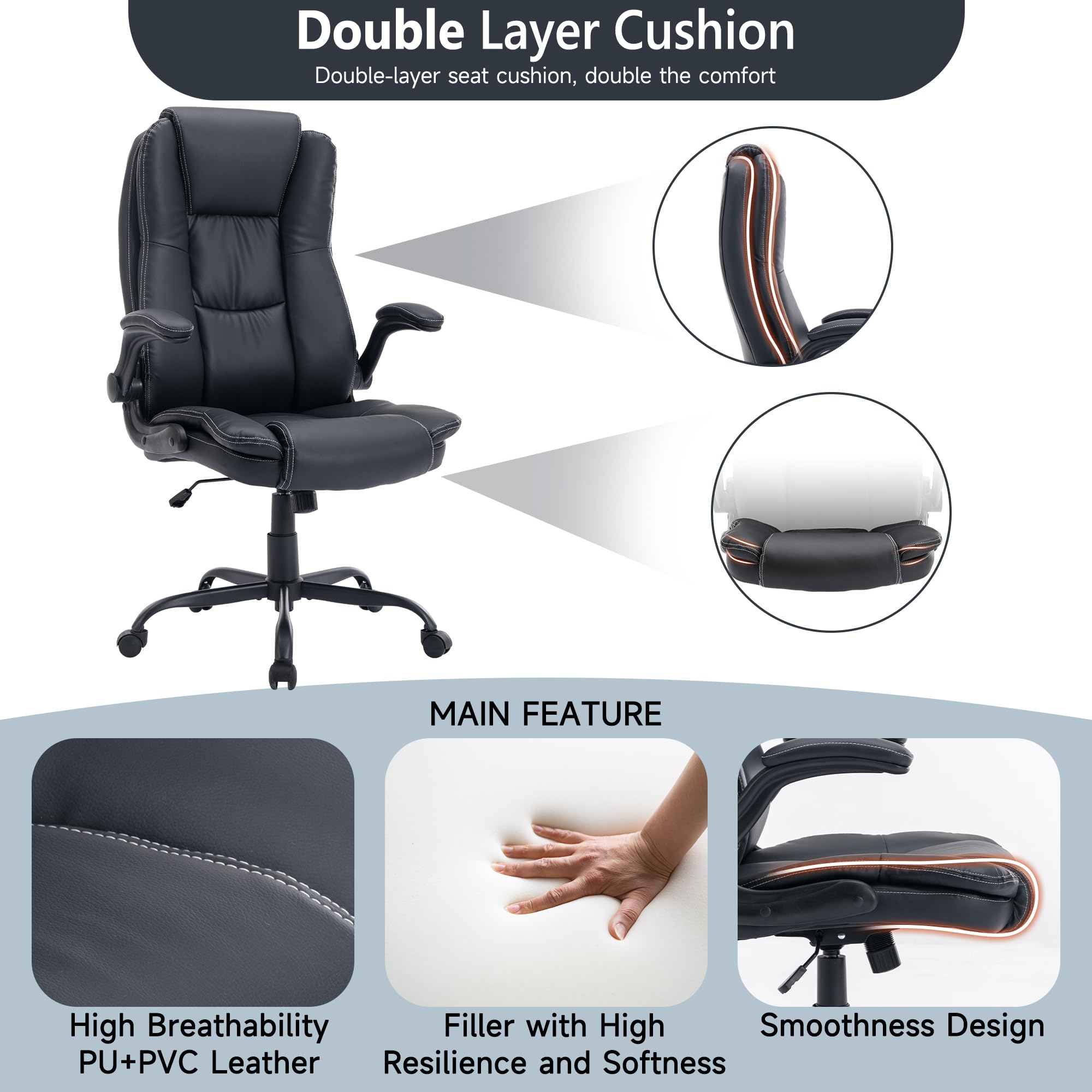 Premium High Back Leather Executive Office Chair - Ergonomic Home & Office Desk Chair with Flip-Up Arms, Lumbar Support & Wheels - Ideal for Long Work Hours, Gaming, and Professional Workspaces