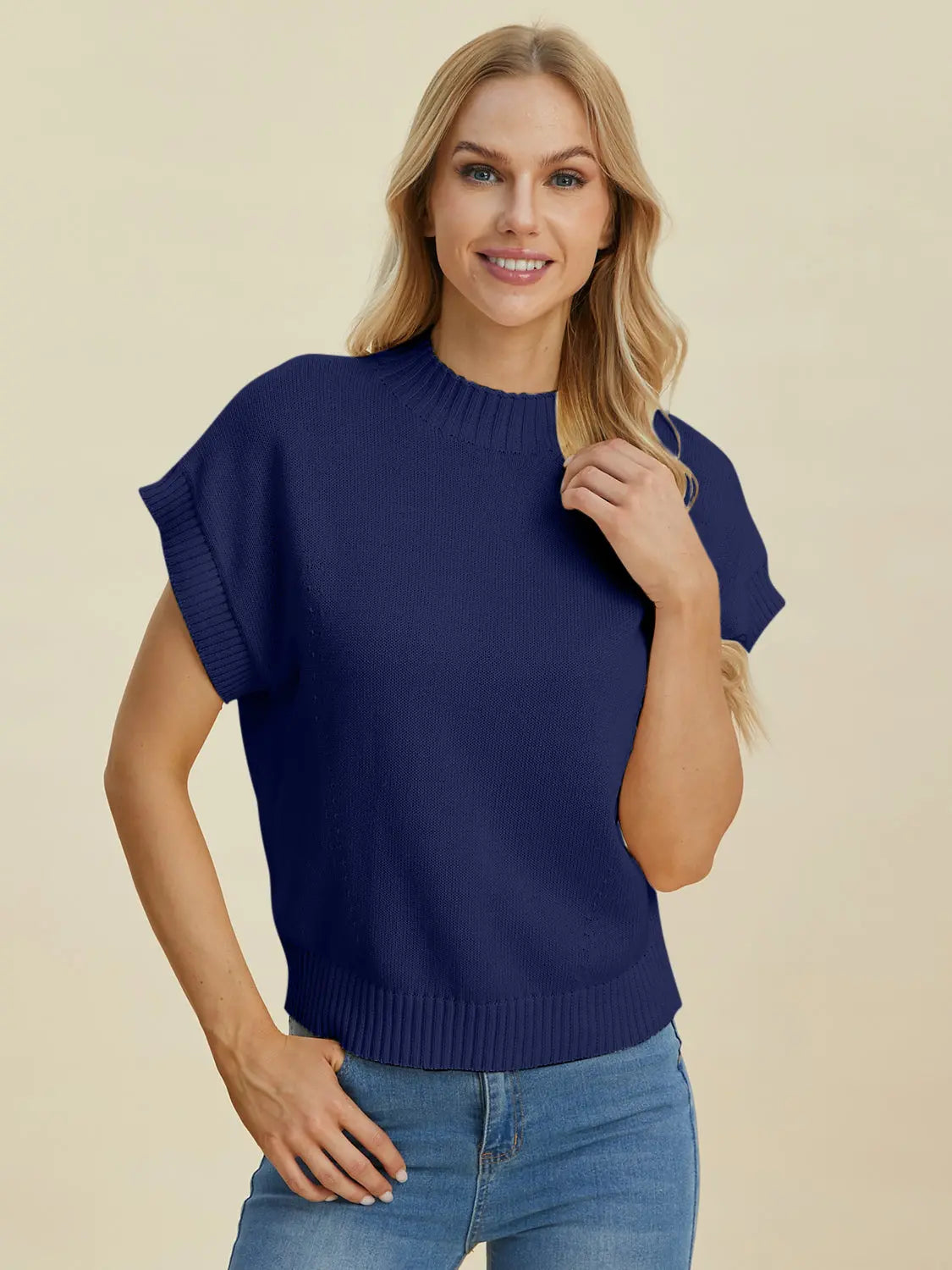 Double Take Full Size Mock Neck Short Sleeve Sweater for Women - Soft Knit Pullover Top for Casual Wear & Office Outfits | Perfect for Fall & Winter Layering
