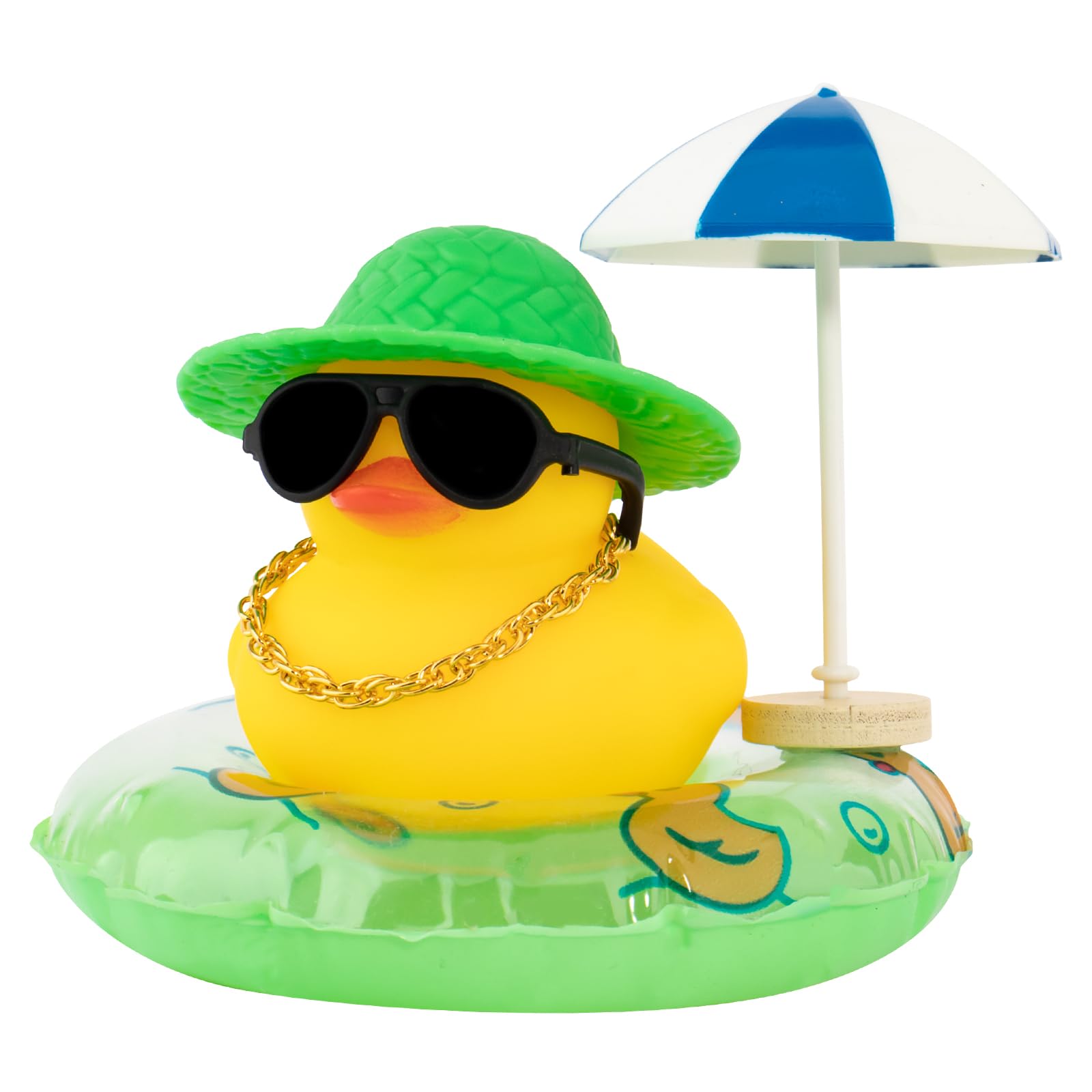 Wonuu Rubber Duck Car Ornaments - Cute Dashboard Decor with Straw Hat, Necklace, Sun Umbrella & Sunglasses - Green Car Accessories for Dashboard Decoration, Gift Idea & Fun Car Interior Styling