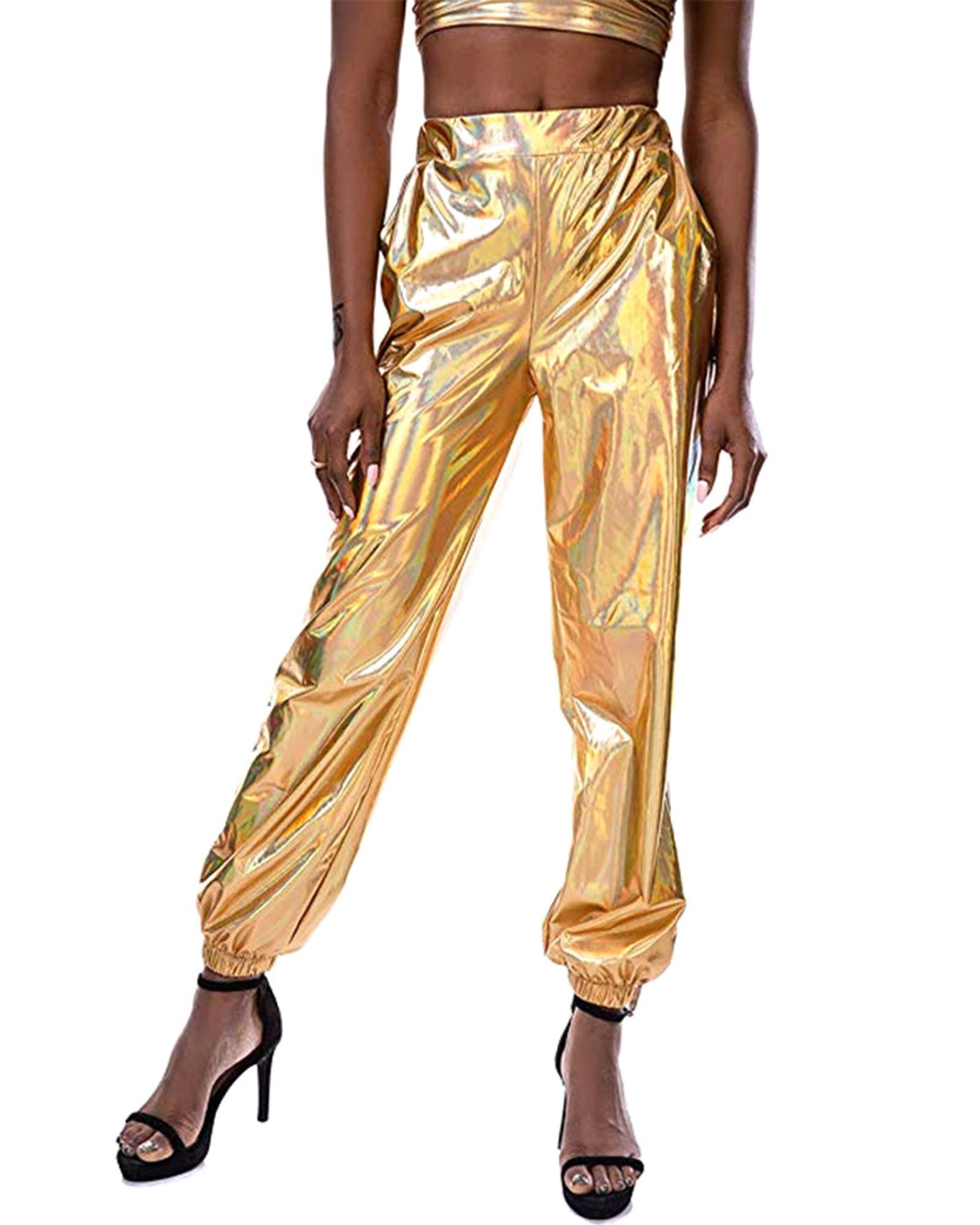 Springcmy Women's Metallic Shiny Holographic Jogger Sweatpants - Punk Hip Hop Casual Streetwear Pants for Yoga, Running, and Night Out Fashion