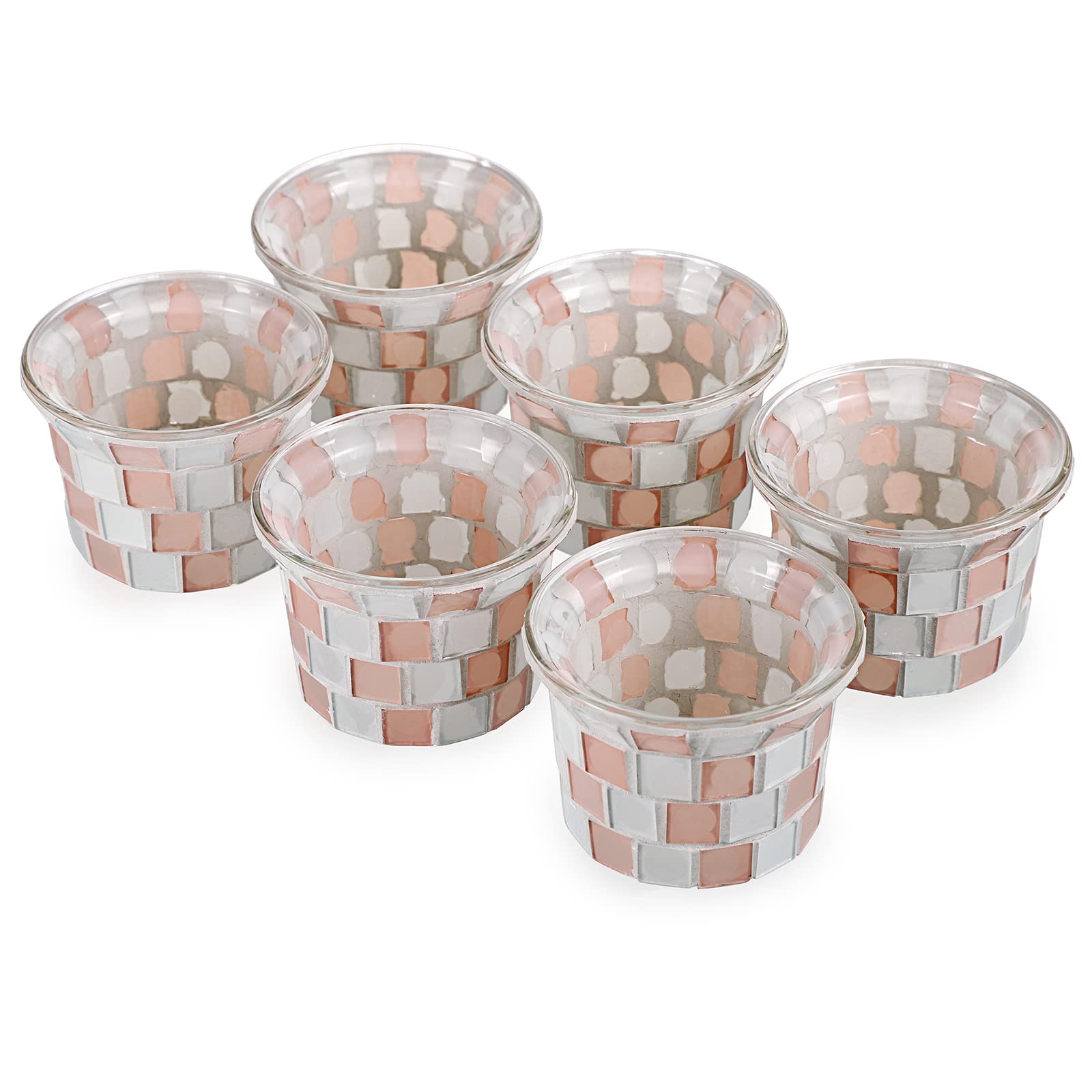 Set of 6 Pink Mosaic Glass Tea Light Holders - Small Votive Candle Holders Bulk for Wedding Centerpieces, Home Decor & Table Settings - Glass Mosaic Pillar Candle Stands & Cup Shaped Tealight Holders - Perfect for Romantic Dinners, Spa Nights & Holiday Decorations