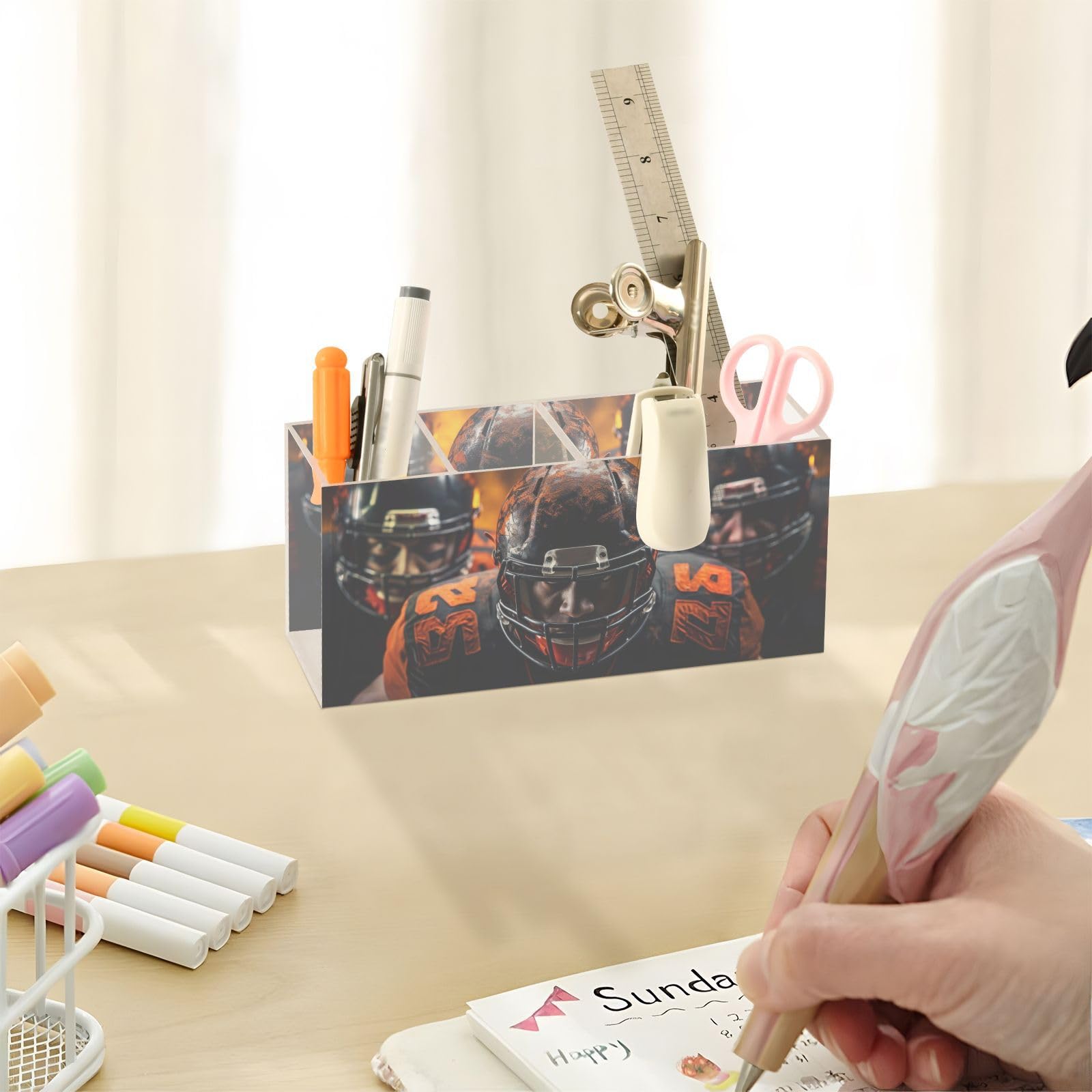 PDZRMY Acrylic Pen Holder with American Football Players Design - 4 Compartment Pencil Organizer, Brush & Utensil Cup - Personalized Pattern Desktop Organizer for Office, School, and Home Decor