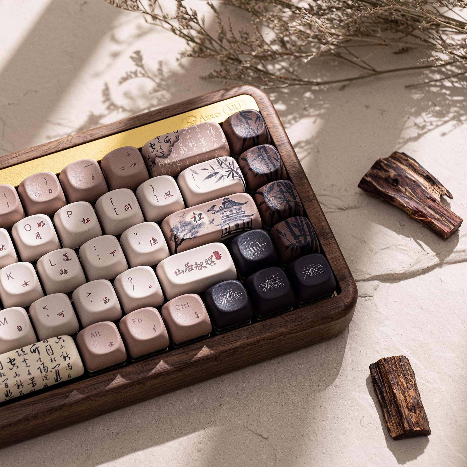 Akko MU01 Mountain Seclusion 65% Wireless Mechanical Keyboard - Walnut Wooden Case, 68-Key RGB Backlit, Hot-Swappable, Bluetooth/2.4G/Wired, PBT Dye-Sub Keycaps for Mac & Windows - Perfect for Gaming, Office Work & Typing Enthusiasts