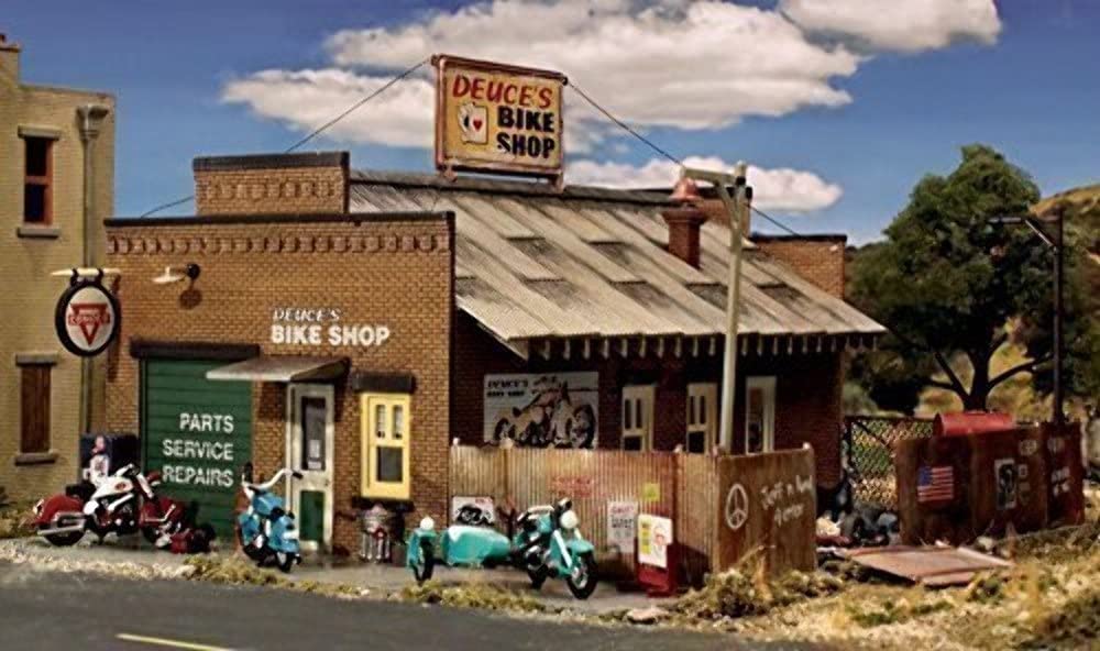 Woodland Scenics HO Scale Deuce's Bike Shop - Pre-Built Landmark Structure for Model Train Layouts | Perfect for Railroad Scenery, Dioramas & Miniature Displays