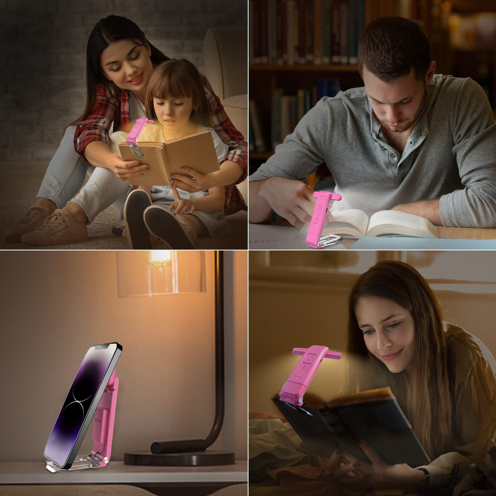 Vekkia 10 LED USB Rechargeable Clip-On Book Light - 3 Color Modes & 5 Brightness Levels, Portable Reading Lamp for Bed, Night Reading, Travel, and Book Lovers (Pink)
