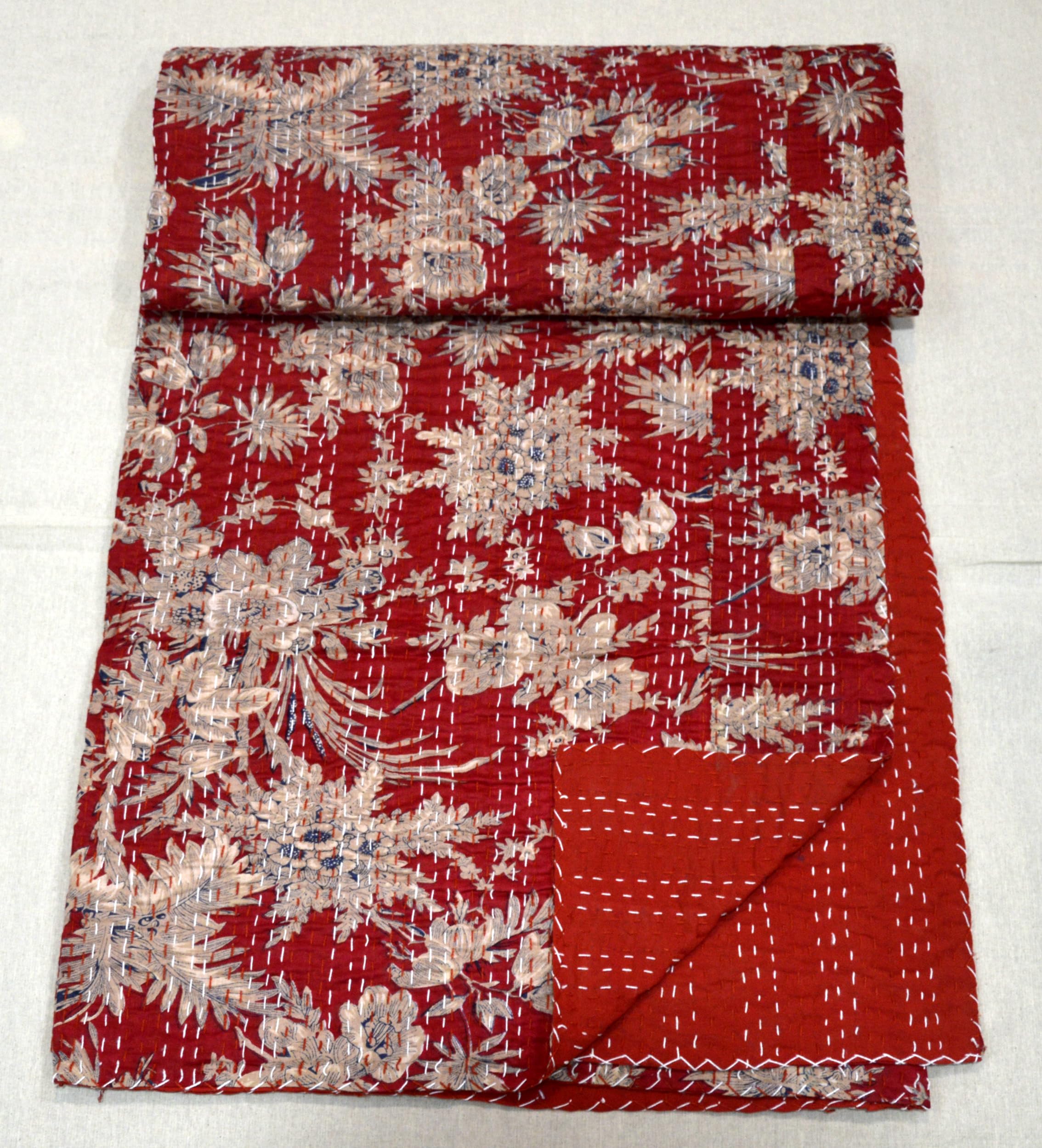 Handmade Cotton Kantha Quilt - Reversible Lightweight Indian Blanket & Boho Throw for Queen Size Bed (Red) - Perfect for Cozy Bedroom Decor, Guest Room Accent, or Boho-Chic Living Room