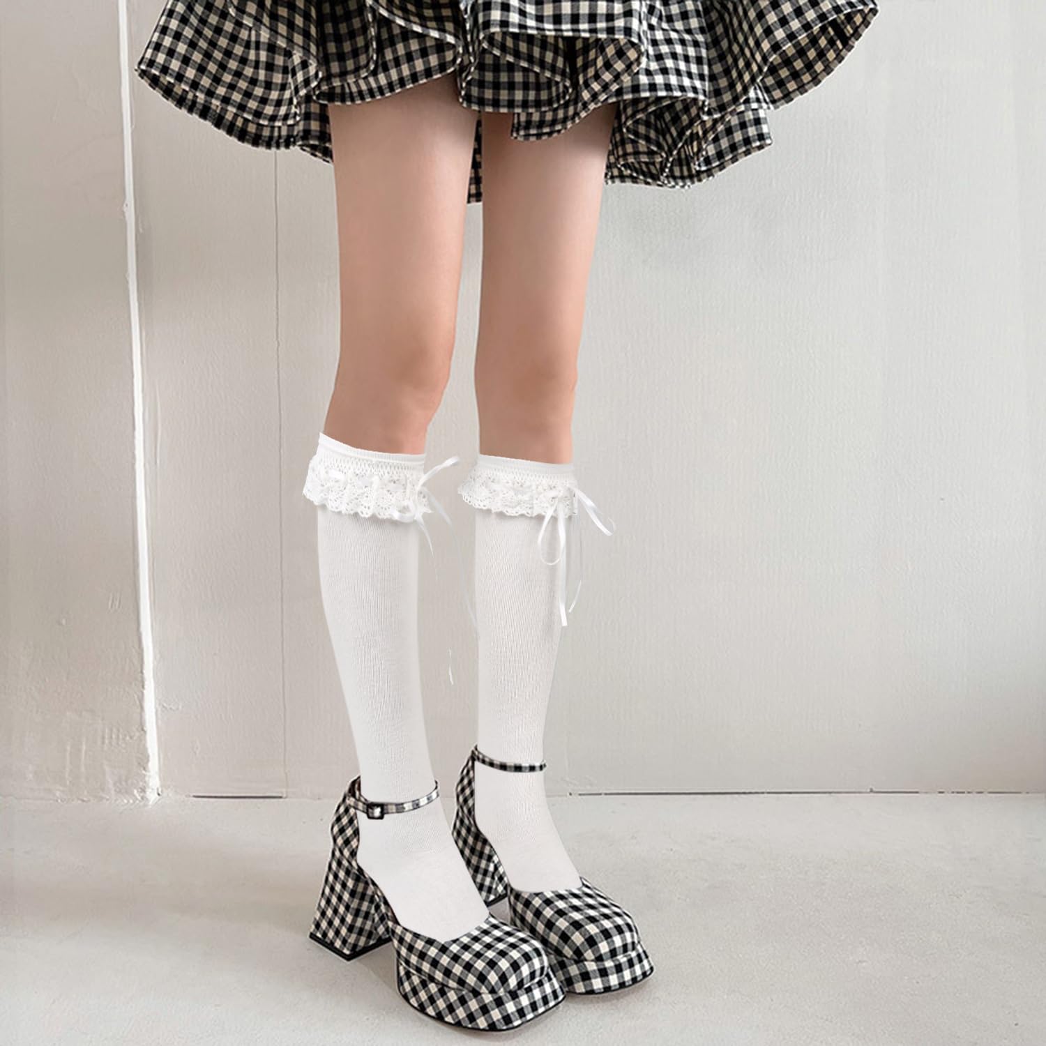 Benefeet Women's Lace Ruffle Knee High Socks - Kawaii Lolita Stockings in Black & White | Cute Fashion Socks for Cosplay, Daily Wear & Anime Outfits