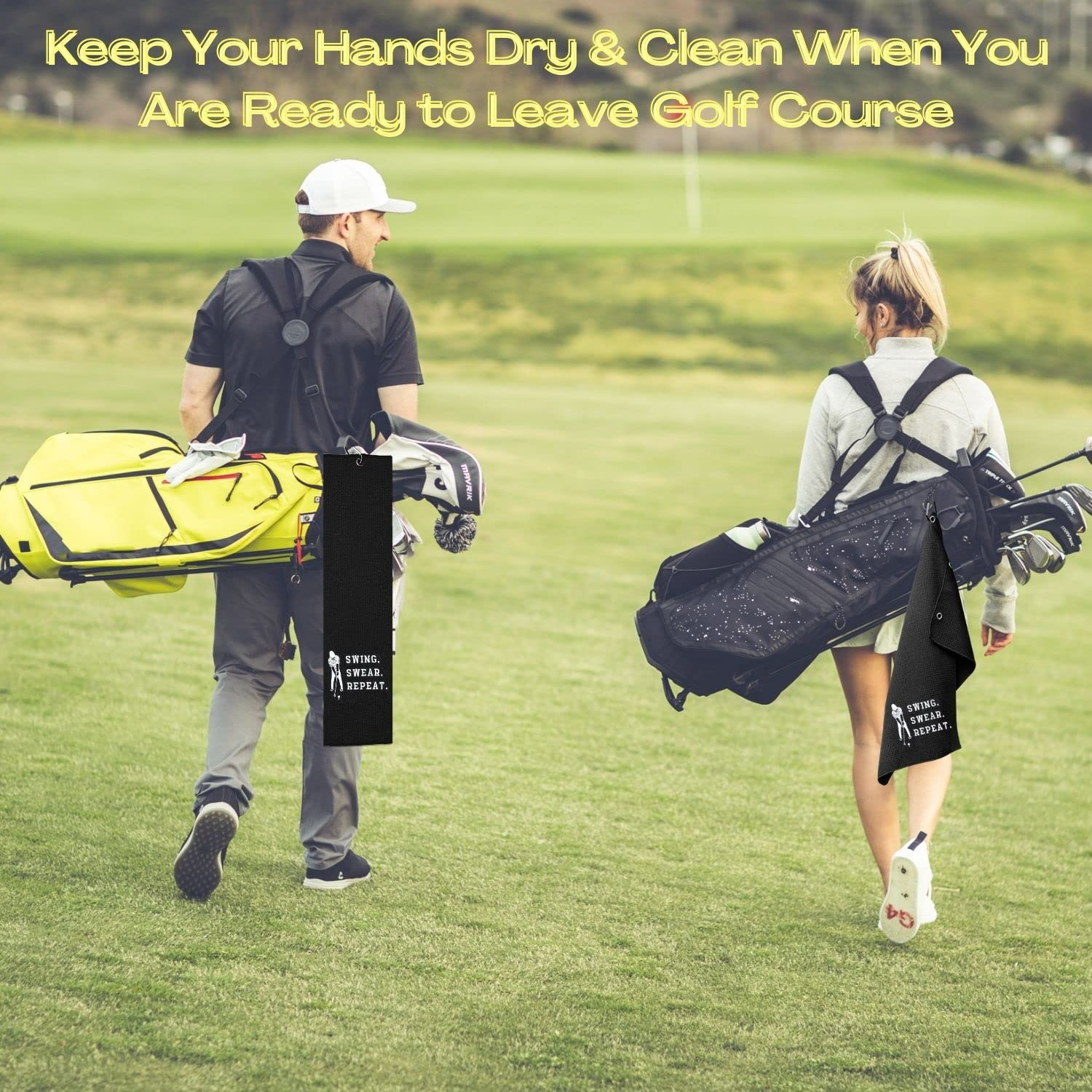 Funny Embroidered Golf Towel - Premium Golf Accessories for Men & Women | Golf Gifts with 'Swing Swear Repeat' Design | Perfect for Golf Courses, Driving Range & Clubhouse Use | Black