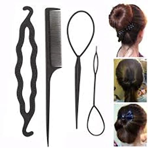 CHEM-AB ENTERPRISE 4-Piece Hair Styling Kit - Topsy Tail, Hair Pull Dish, Needle Bun Donut, Twist Braid & Ponytail Maker with Comb - DIY Hair Accessories for Women & Girls (Perfect for Parties, Weddings & Everyday Styling)