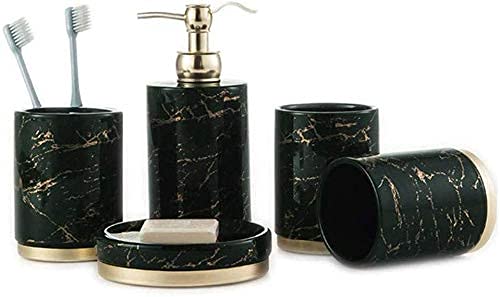 Ceramic Soap Dispenser & Marble Toothbrush Cup Set - 5-Piece Bathroom Accessories for Countertop | Hotel Decor, Lotion Bottles & Mouthwash Holder | Perfect for Home, Spa & Luxury Hotel Bathrooms
