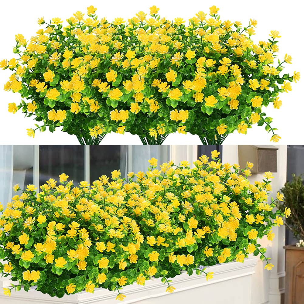 24 Pack UV Resistant Artificial Boxwood Plants - Fake Outdoor Greenery for Hanging Baskets, Garden Decor, Porch, Window Boxes, Wedding & Farmhouse Decor (Yellow) - Perfect for Indoor/Outdoor Use, Home & Event Decoration