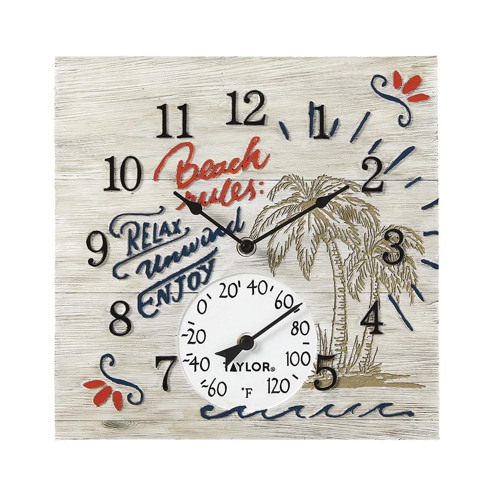 14x14 Inch Beach Rules Poly Resin Wall Clock with Thermometer - Coastal Decor for Home, Office, or Beach House