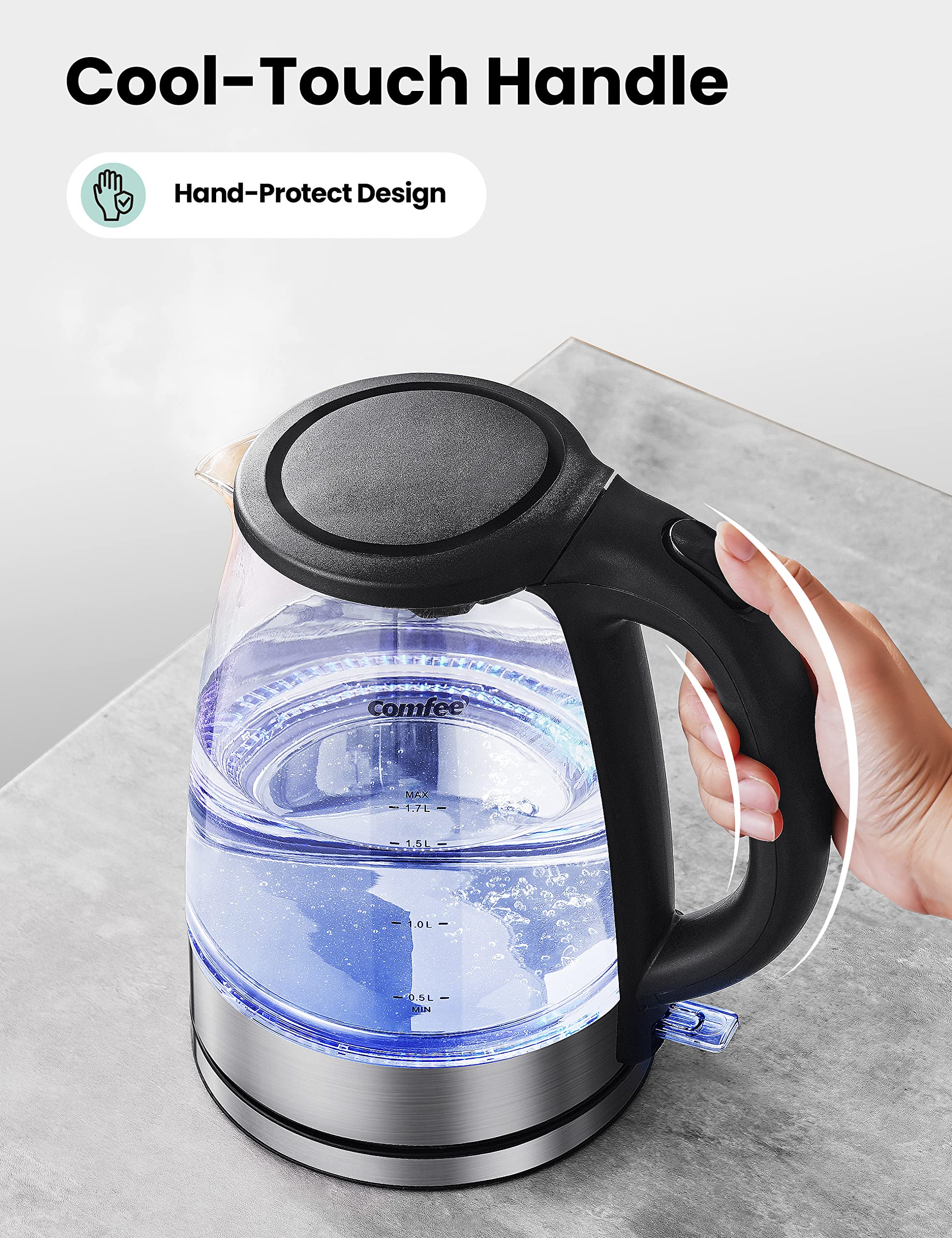 COMFEE' 1.7L Glass Electric Tea Kettle with LED Indicator - 1500W Fast Boiling, Auto Shut-Off & Boil-Dry Protection - Perfect for Home, Office & Tea Lovers - BPA Free Hot Water Kettle for Coffee, Tea & Instant Meals