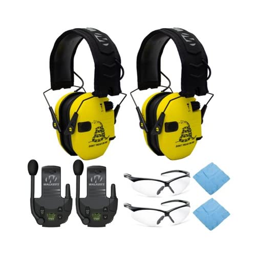 Walker's Razor Electronic Shooting Ear Muffs (2-Pack) - Don't Tread On Me Yellow Edition with 2-Way Radios (2-Pack), Safety Glasses (2-Pack) & Microfiber Cleaning Cloths (2-Pack) - Complete 8-Piece Hearing Protection Kit for Shooting Range, Hunting & Outdoor Activities