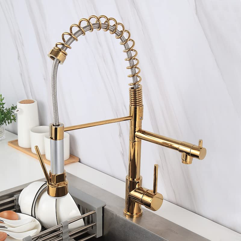 Premium Brass Mixer Tap for Kitchen Sink - Pull Out Sprayer Faucet with 2-Water Flow & 360° Rotation - Hot & Cold Water Mixer - Table Mounted Gold Finish - Ideal for Modern Kitchens, Restaurants & Food Prep Areas