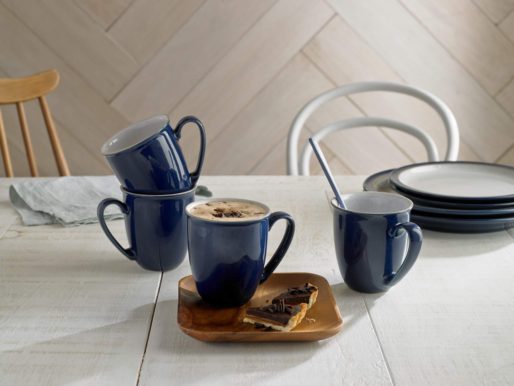 Denby Elements Dark Blue Coffee Mug Set of 4 - 330ml Stoneware Ceramic Tea Cups for Home, Office & Gifts - Dishwasher & Microwave Safe - Navy Blue & White - Chip Resistant - Perfect for Morning Coffee, Afternoon Tea or Office Breaks