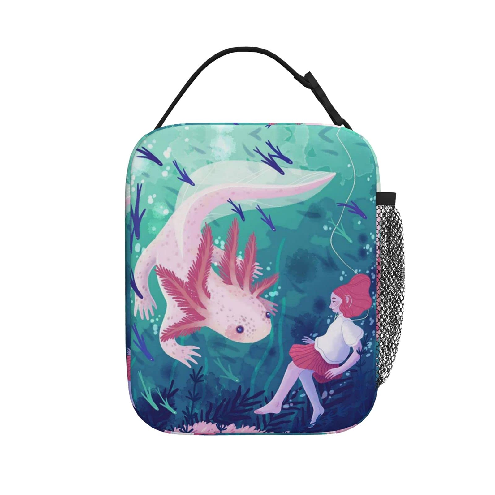 Reusable Axolotl Lunch Bag - Insulated Lunch Box Container for Work, School, Picnic & Travel - Portable Lunch Tote for Adults & Kids - Cute Salamander Design for Fitness & Outdoor Activities