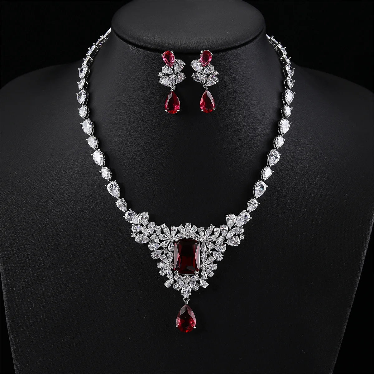 Elegant CZ Flower Pendant Necklace & Earrings Set - Cubic Zirconia Bridal Jewelry for Women - Perfect Wedding Gift (CN11099) - Ideal for Bridal Showers, Weddings, Anniversaries and Special Occasions