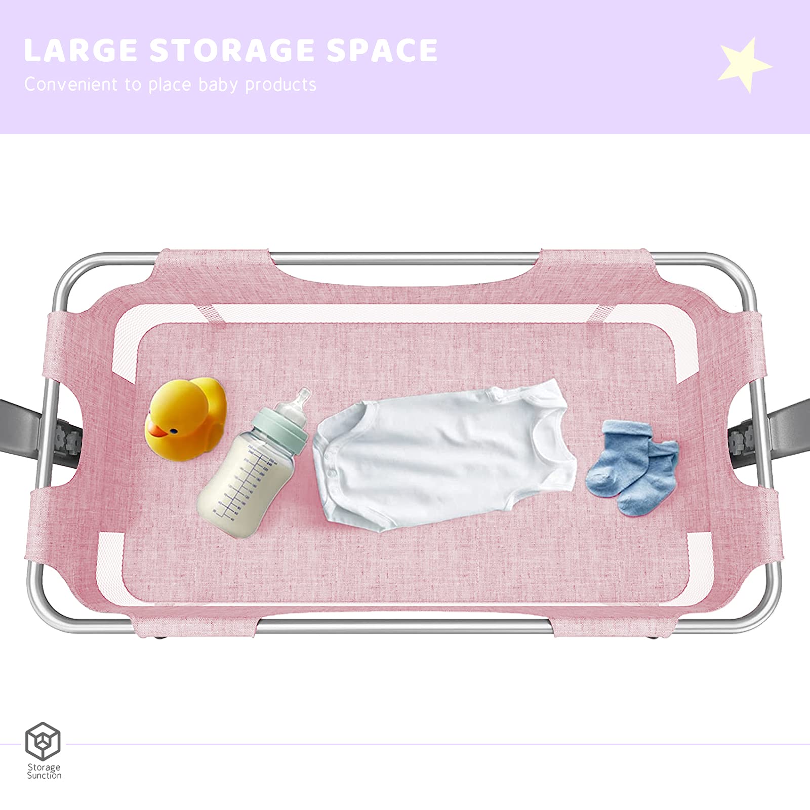 Napfox Portable Baby Bassinet - Adjustable Bedside Sleeper with Mosquito Net, Storage Bag & Lockable Wheels | Foldable Infant Bed for Newborns | Nursery, Travel & Co-Sleeping Solution (Pink)