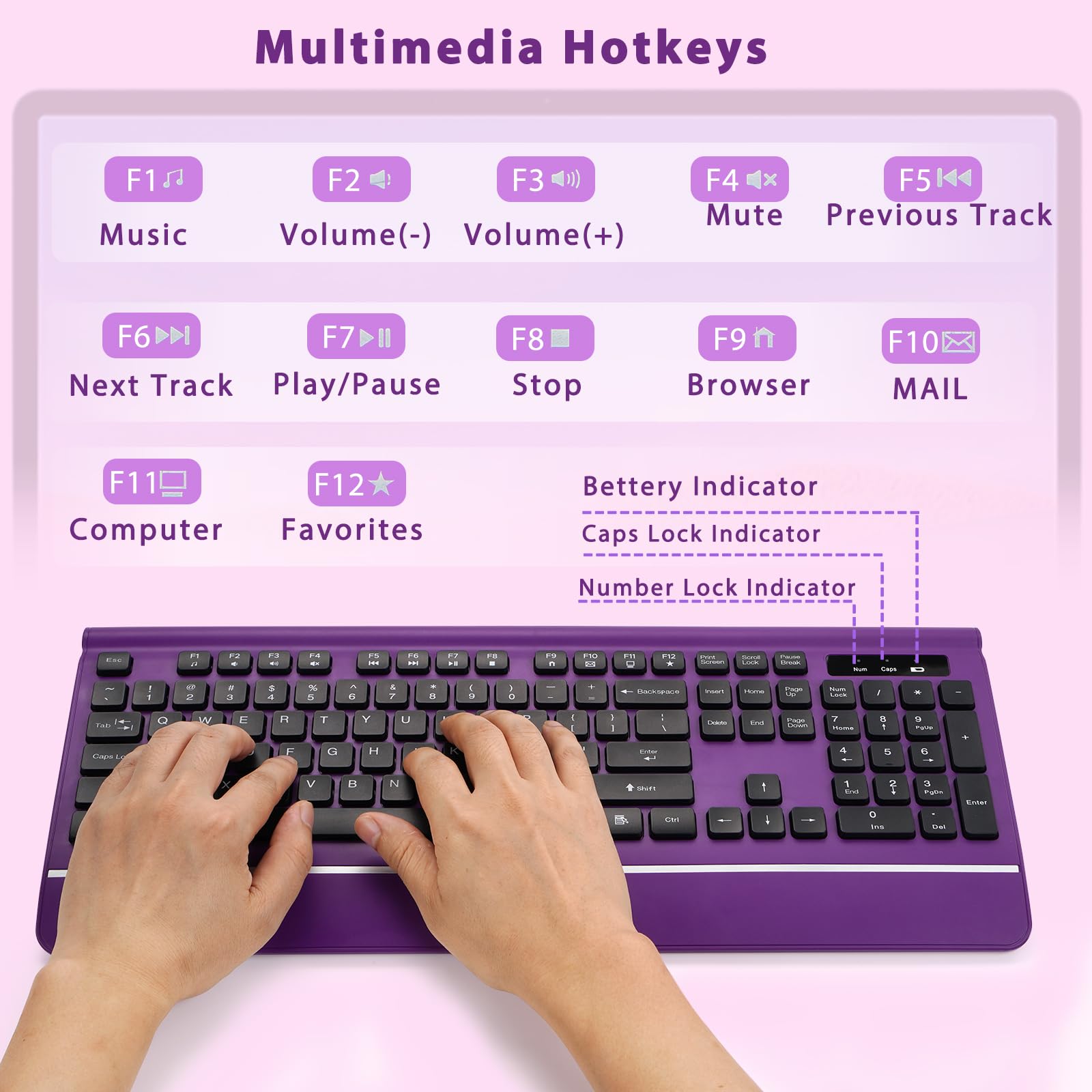 Wireless Keyboard and Mouse Combo, 2.4G Silent Purple Set with Wrist Rest for PC, Laptop - Home & Office Use