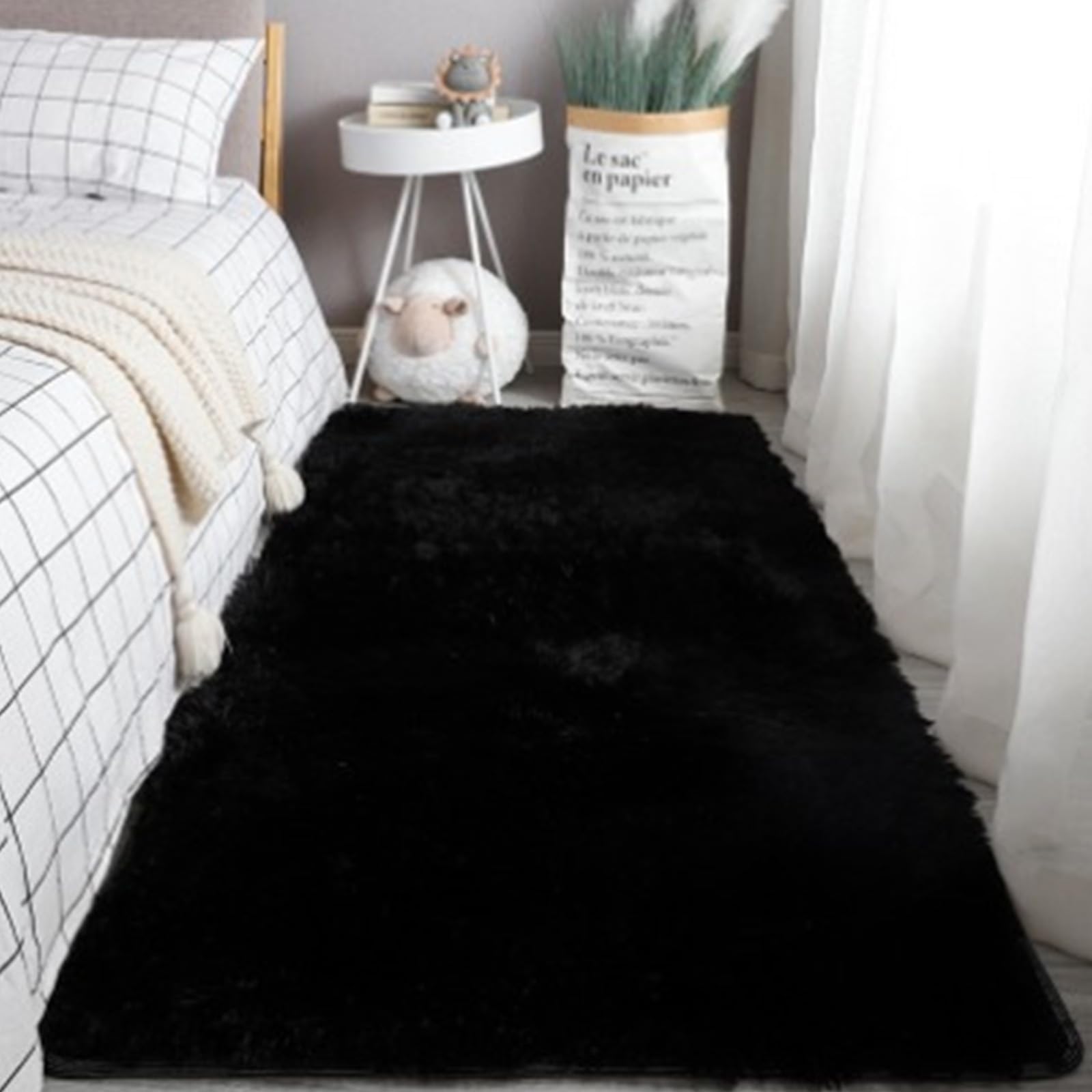 Meiju Modern Soft Fluffy Area Rug for Living Room & Bedroom - Non-Slip Washable Long Pile Carpet in Solid Black (80x120cm) - Perfect for Kids Room Decor, Nursery, and Cozy Home Spaces
