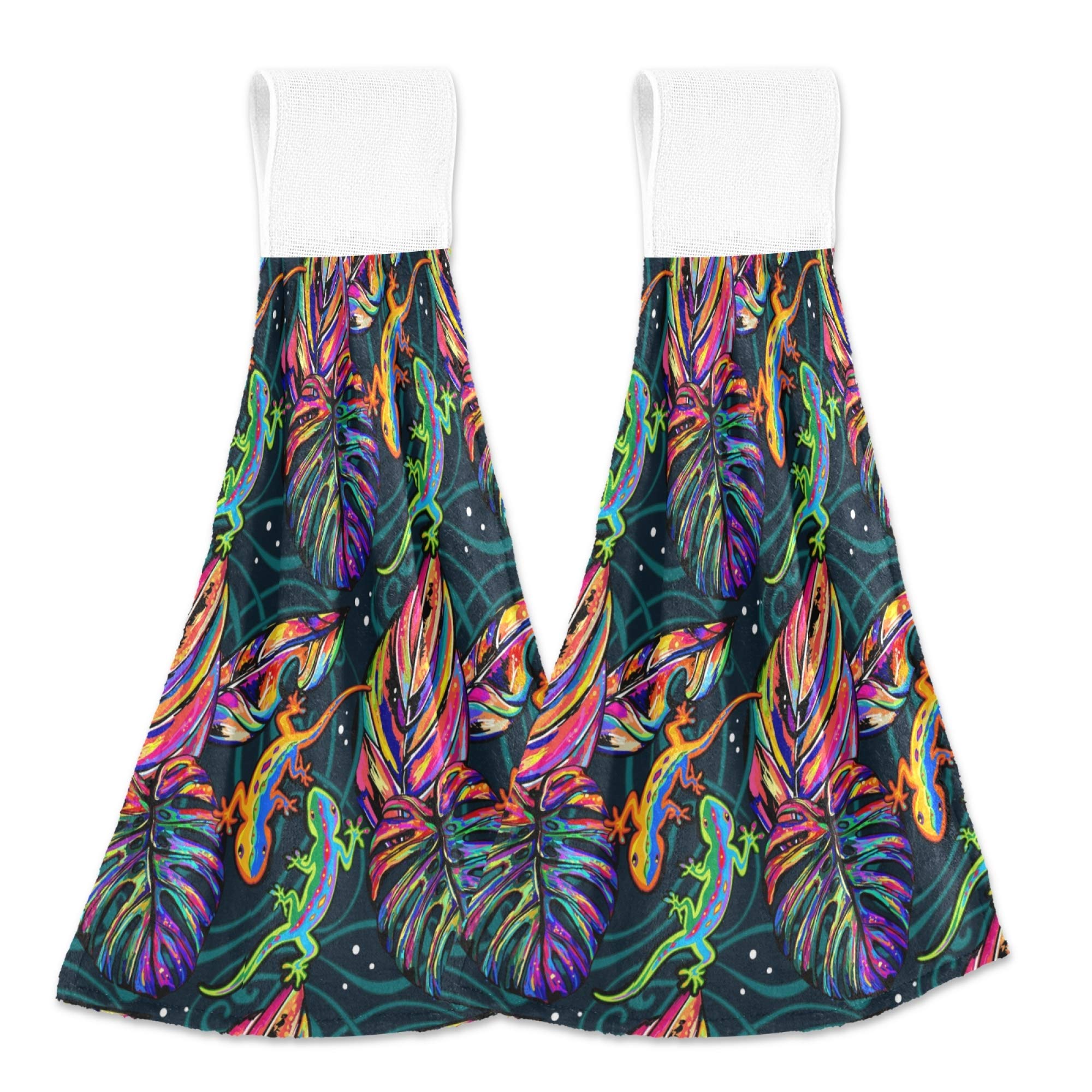 Colorful Tropical Lizard & Monstera Leaf Kitchen Towels - Set of 2 Absorbent Hanging Hand Towels with Hook & Loop - Perfect for Bathroom, Kitchen, and Jungle-Themed Decor