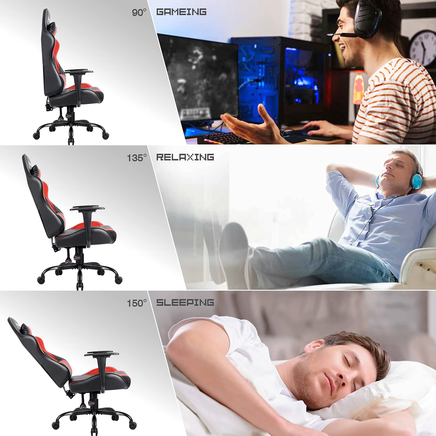 Homall High Back Gaming Office Chair - Ergonomic PU Leather Computer Desk Chair with Adjustable Height, Headrest & Swivel for Adults - Perfect for Gaming, Work & Home Office (Red)