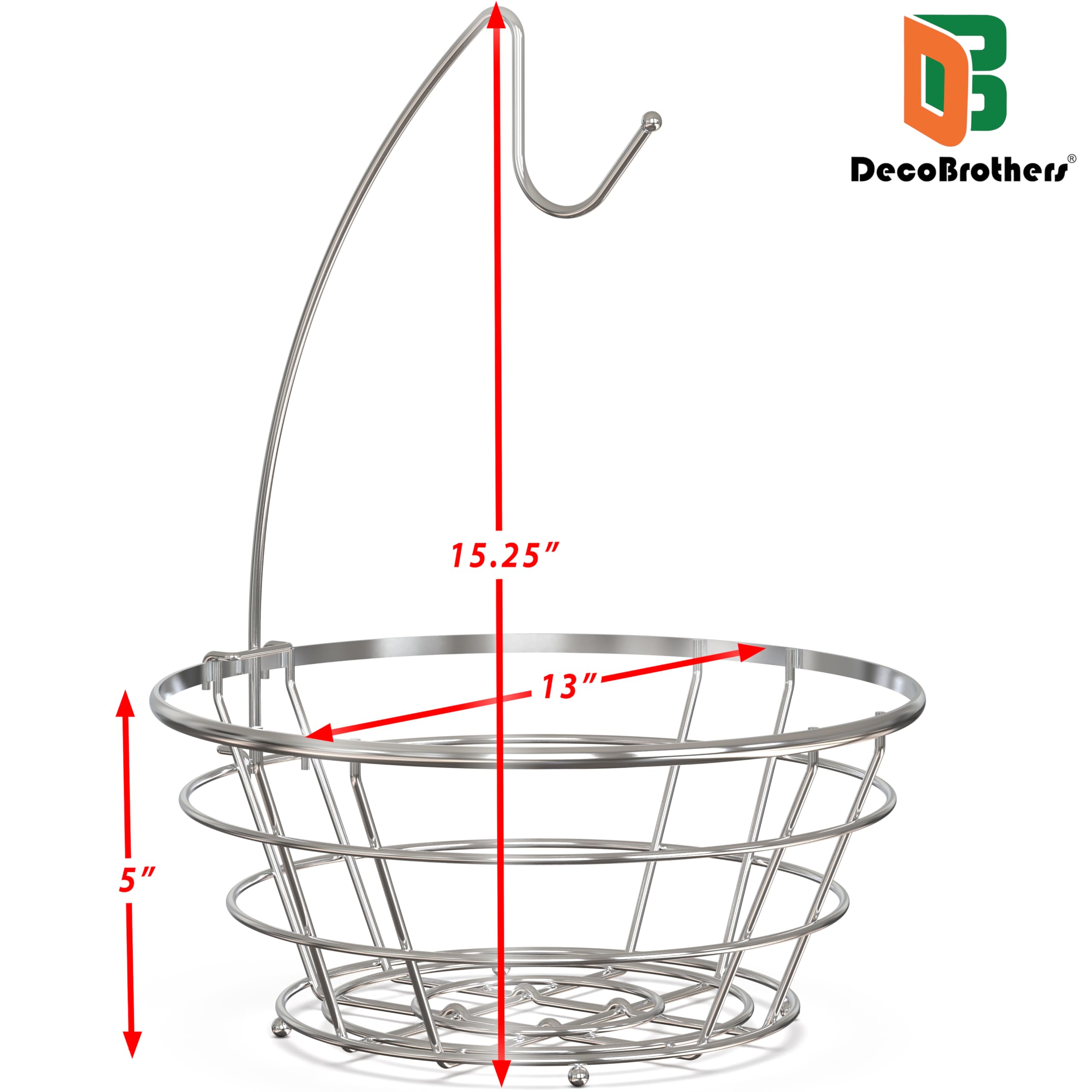 DecoBros Wire Fruit Basket with Banana Hanger - Chrome Finish Fruit Bowl for Kitchen Countertop, Dining Table, and Pantry Organization