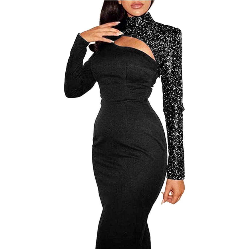 FLLLYQ Women's Sexy Sequin Party Dress - Turtleneck One Sleeve Patchwork Hollow Out Bodycon Midi Dress for Nightclub, Cocktail Party & Special Occasions