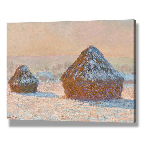 Claude Monet Wheat Stacks Snow Effect Morning Wall Art Decor - Premium Canvas Print for Living Room, Bedroom & Office - Vintage Landscape Painting Home Decor Gift