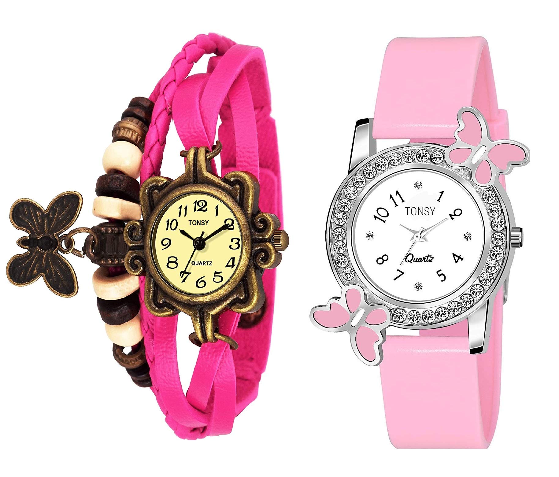 TONSY Analog Girls' Watches - 2 Pack Cute White Dial & Pink Strap Wristwatch for Kids - Perfect for School, Birthday Gifts & Everyday Wear