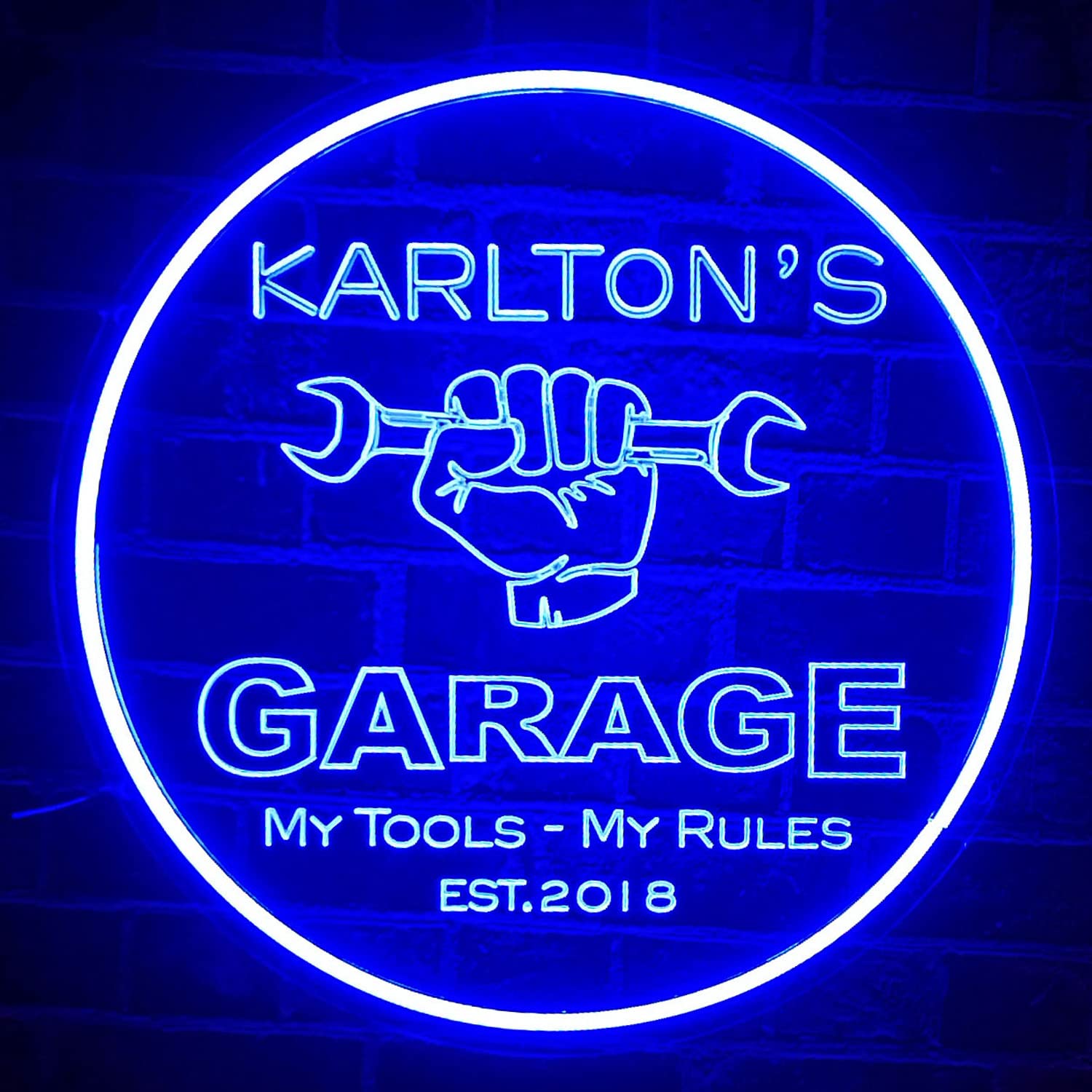 Custom Neon Garage Signs - Personalized LED Light Sign for Man Cave, Dad's Workshop & Gifts - 16x16 Inch Round Neon Decor for Home Bar, Garage Wall & Birthday Presents