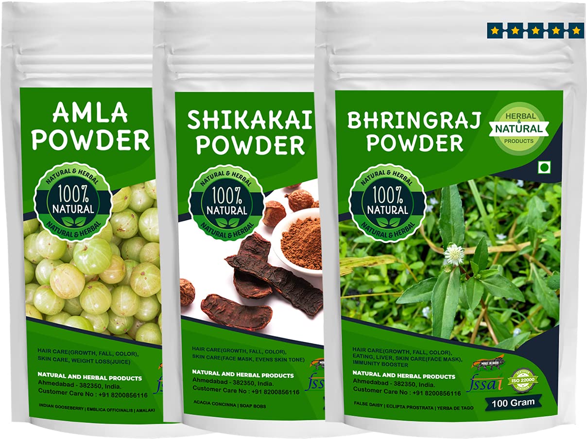 Organic Shikakai Amla Bhringraj Powder for Hair Growth & Scalp Care - 100g (Pack of 3) | Ayurvedic Herbal Treatment for Dandruff, Hair Fall & Shine | Perfect for DIY Hair Masks & Natural Hair Wash