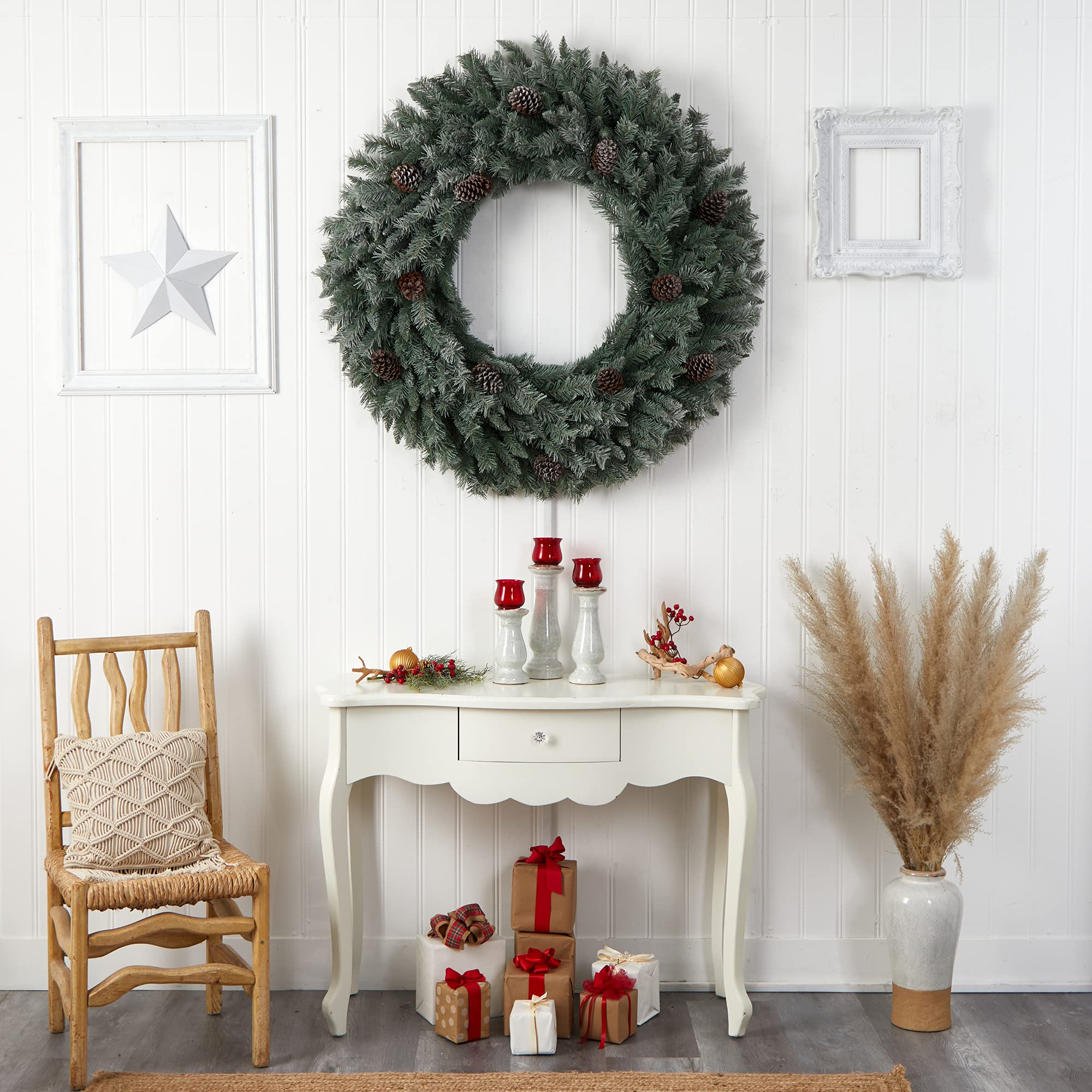 Nearly Natural 4ft Large Flocked Artificial Christmas Wreath with Pinecones - 150 Clear LED Lights & 360 Bendable Branches for Holiday Door Decor, Fireplace Mantel, and Festive Home Decoration