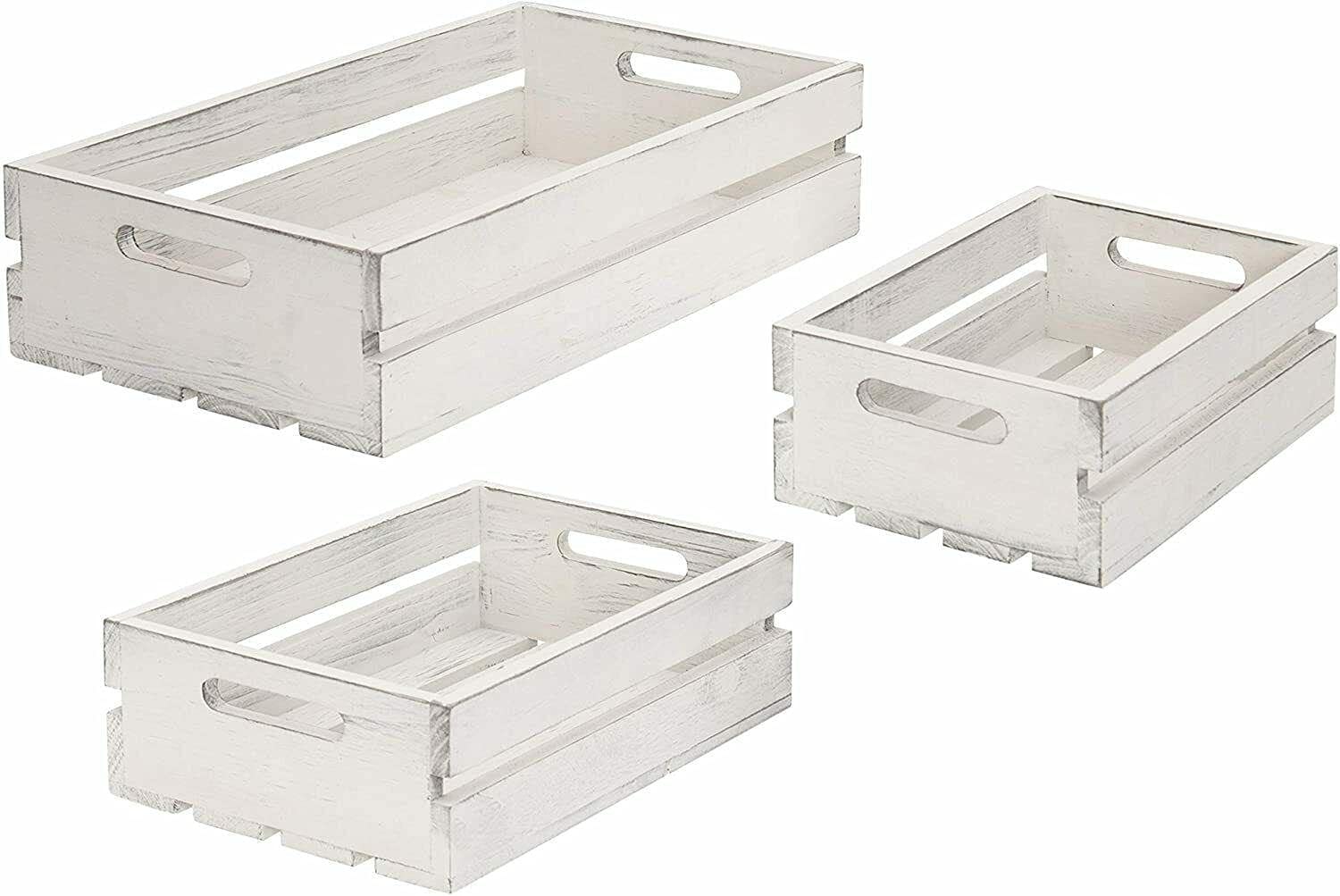Vintage Whitewashed Wood Nesting Storage Crates with Handles, Set of 3 - 16x10 Inch Rustic Storage Bins for Home Organization | Perfect for Pantry, Nursery, Closet & Farmhouse Decor
