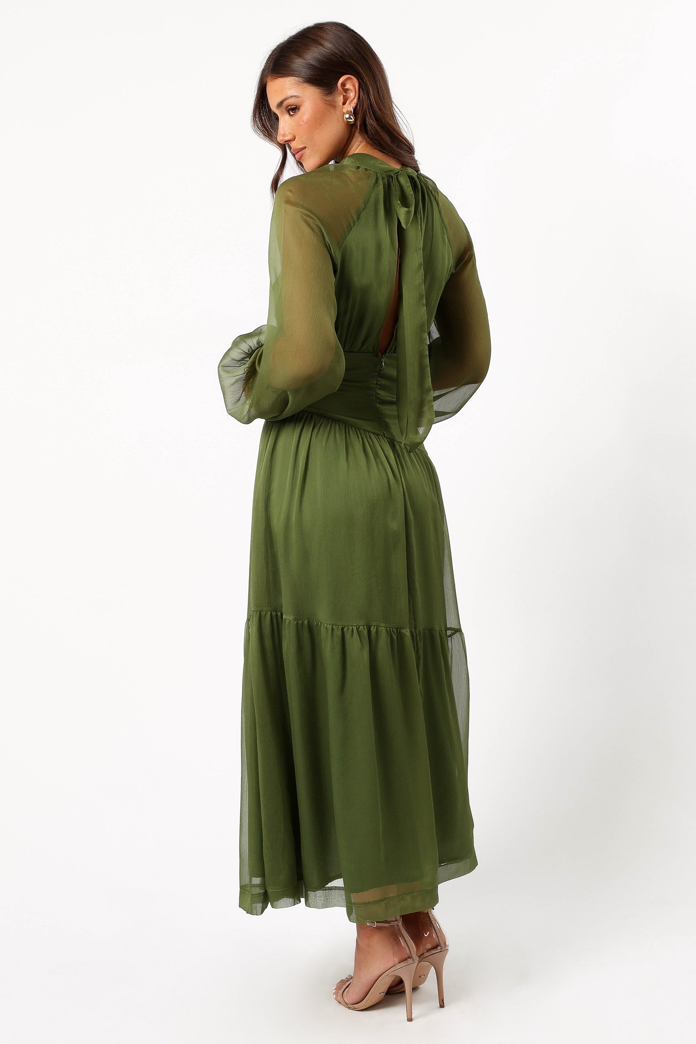 Julip Sheer Long Sleeve Maxi Dress for Women - Olive Green Flowy Boho Beach Cover Up Dress for Summer Vacation, Date Night & Outdoor Parties