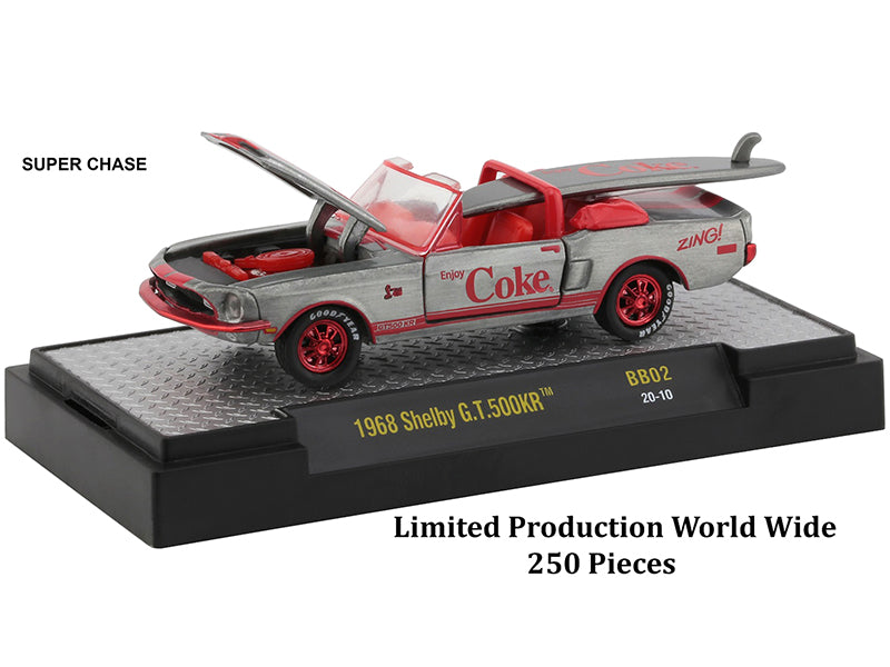 M2 Machines Coca Cola Bathing Beauties 1/64 Diecast Model Cars Set of 3 with Surfboards - Limited Edition (6980 Pieces Worldwide) - Perfect for Collectors, Display, and Vintage Car Enthusiasts