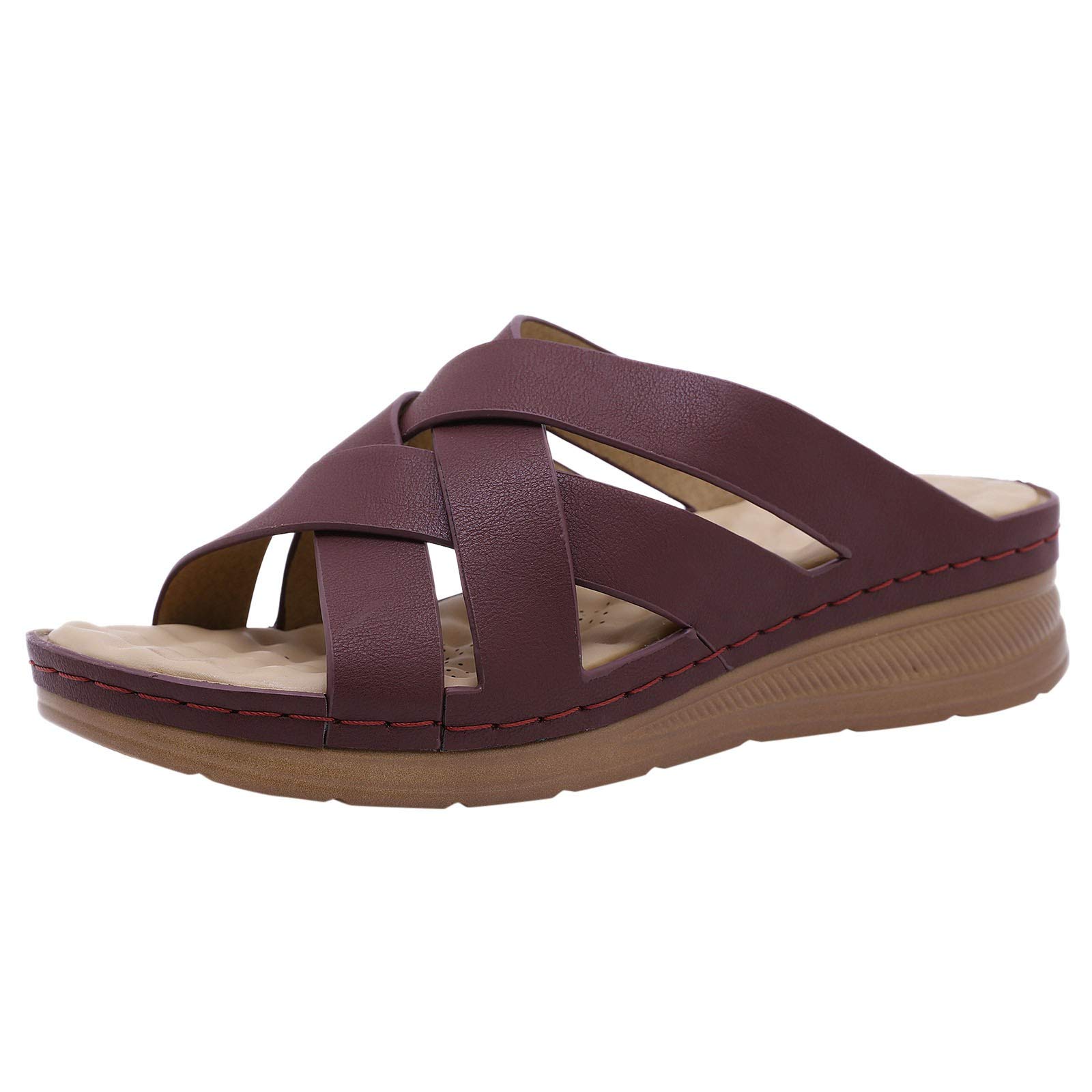 Women's Casual Fashion Sandals - Breathable Outdoor Thick-Soled Comfortable Sandals for Women - Perfect for Beach, Walking, and Summer Wear (Wine, Size 8)