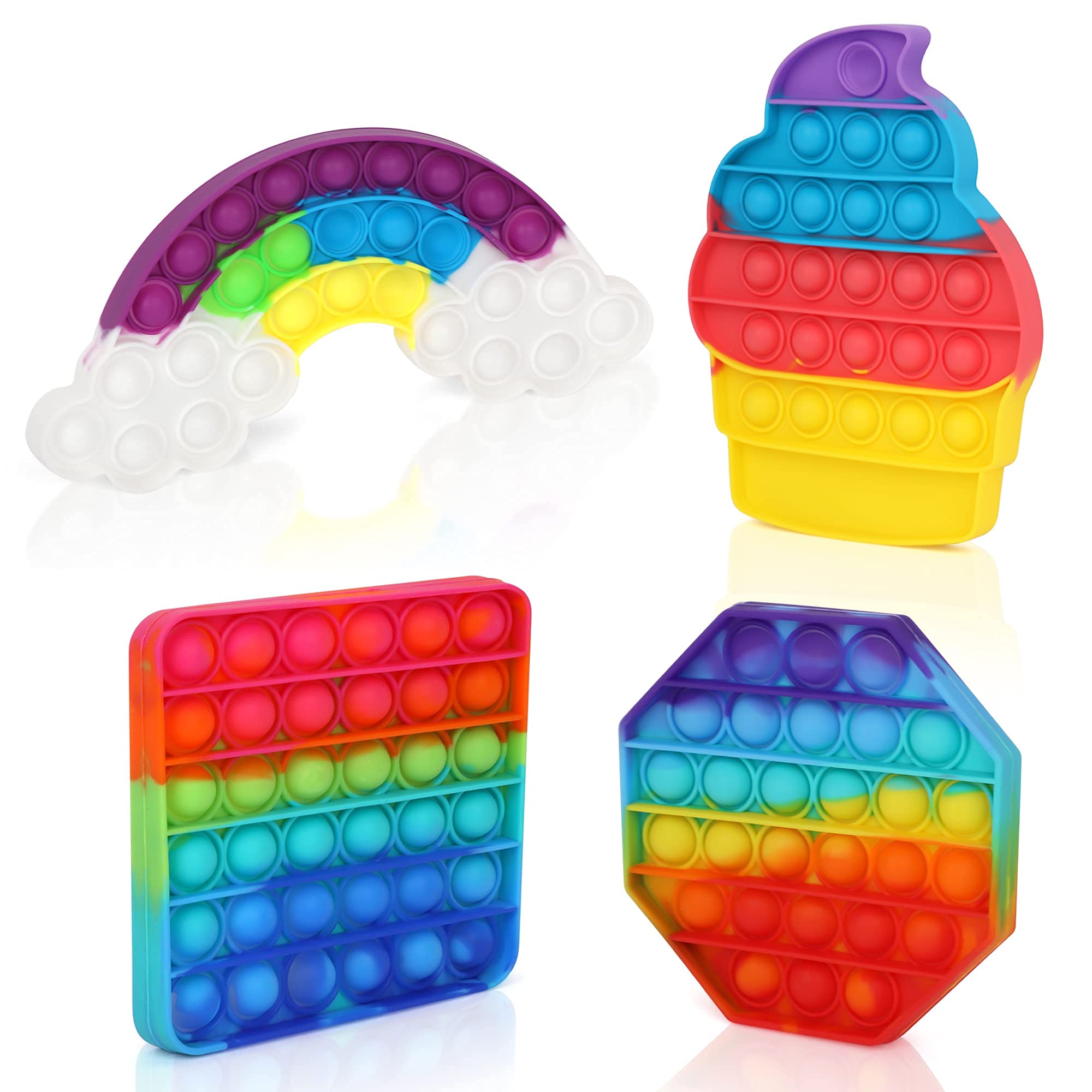 Playkidiz Fidget Popper - 4 Pack Pop-It Sensory Toy for Kids & Adults, Fun Rainbow-Colored Shapes (Rainbow, Square, Octagon, Cupcake) - Stress Relief & Focus Tool for Home, Office, Classroom & Travel