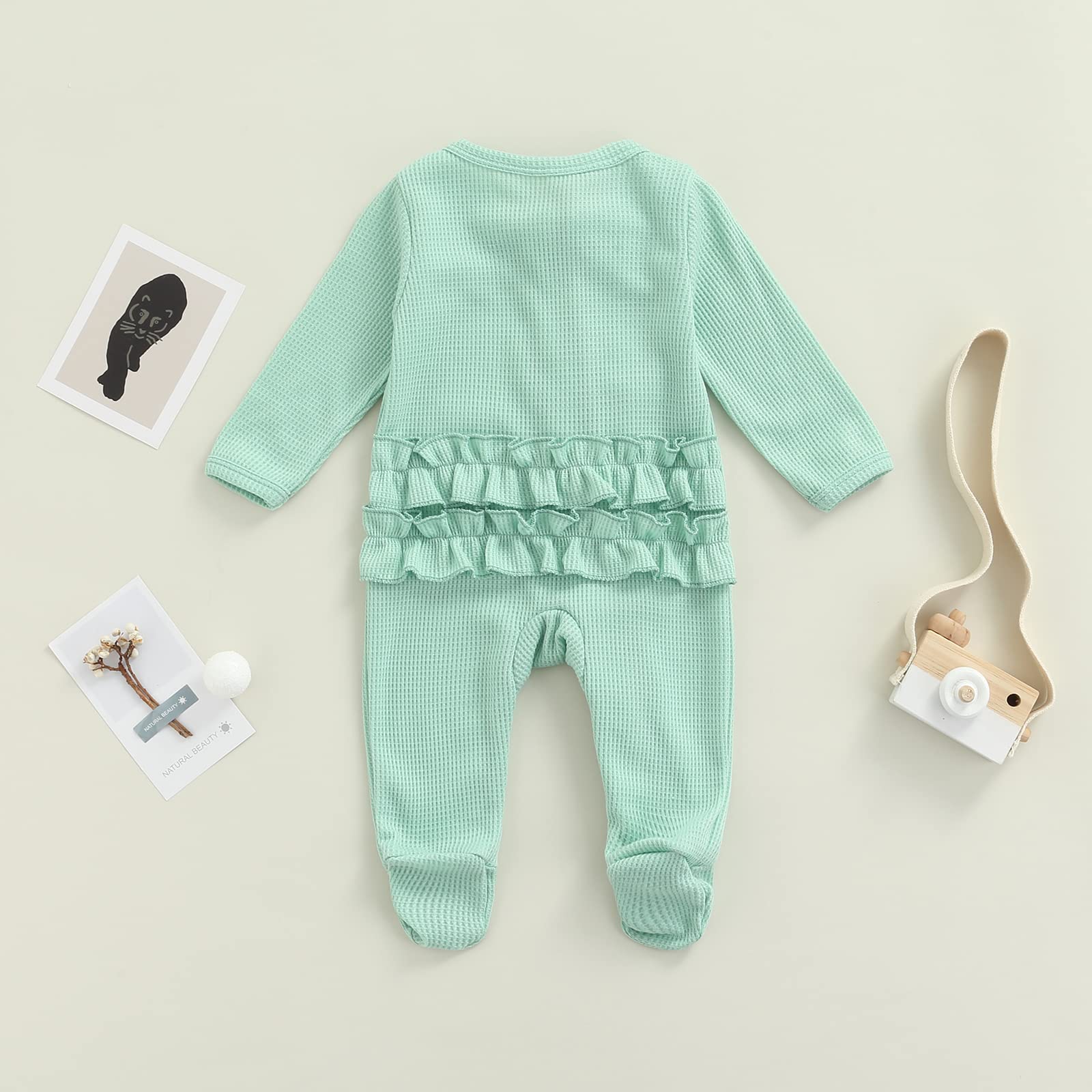 Newborn Baby Girl Waffle Knit Romper with Zipper & Ruffle - Soft Winter Footie Pajamas for Infants - Cozy Fall & Winter Sleepwear for Newborns