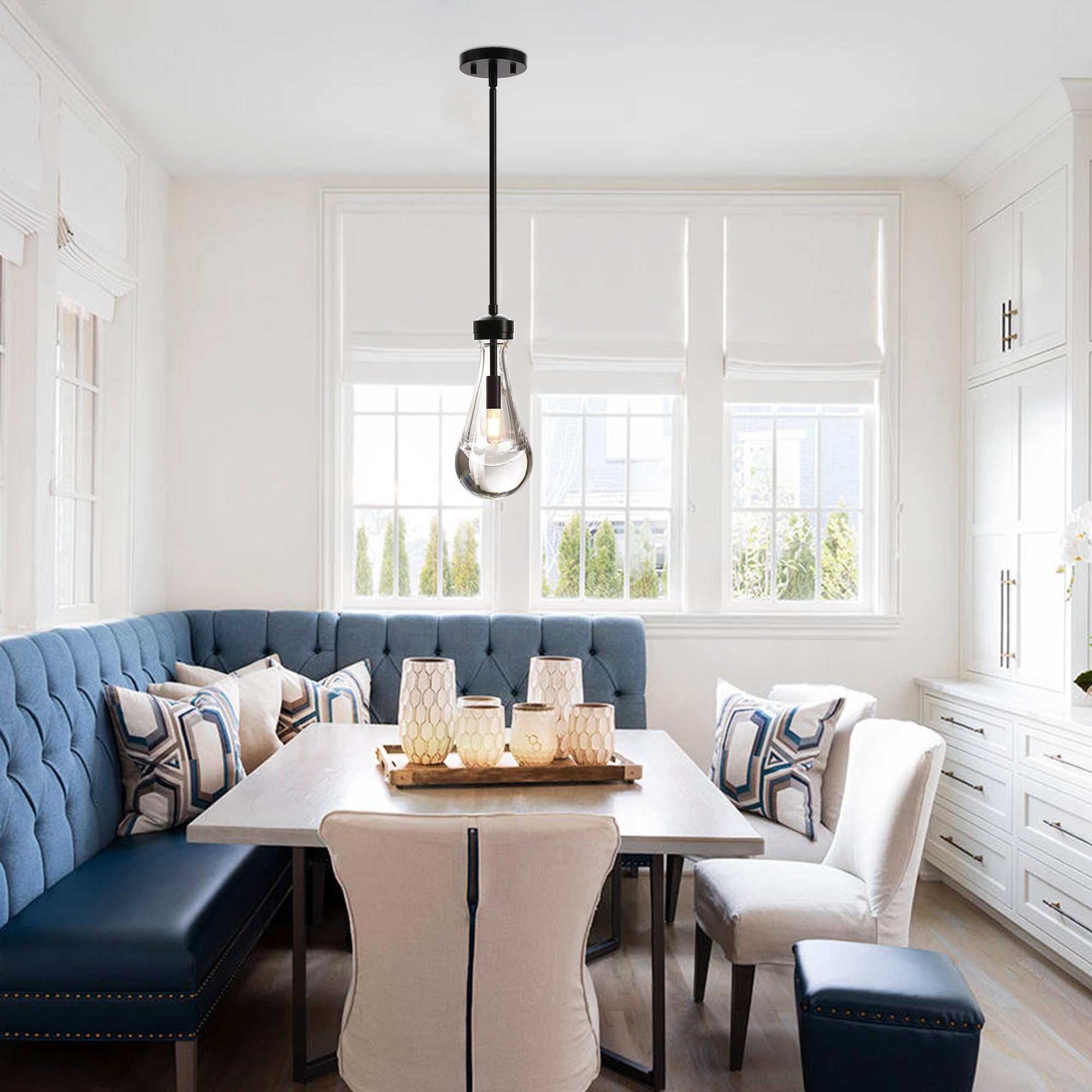 Hand-Blown Black Glass Pendant Light Fixture - Modern Raindrop Kitchen Island Lighting with Included Bulb | Perfect for Dining Tables, Kitchen Islands & Over Sinks | Durable Solid Glass Hanging Chandelier