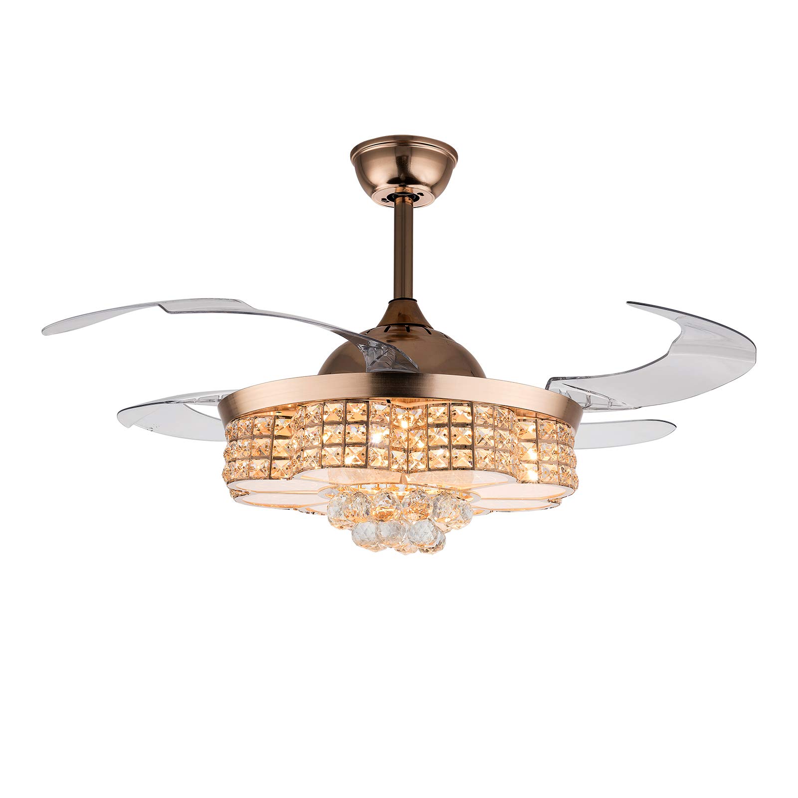42 Inch Crystal Ceiling Fan with LED Light - Remote Control, 3 Adjustable Lighting & Wind Speeds, Retractable Blades - Elegant Fandelier for Living Room, Bedroom & Dining Room | Perfect for Home Cooling & Ambient Lighting