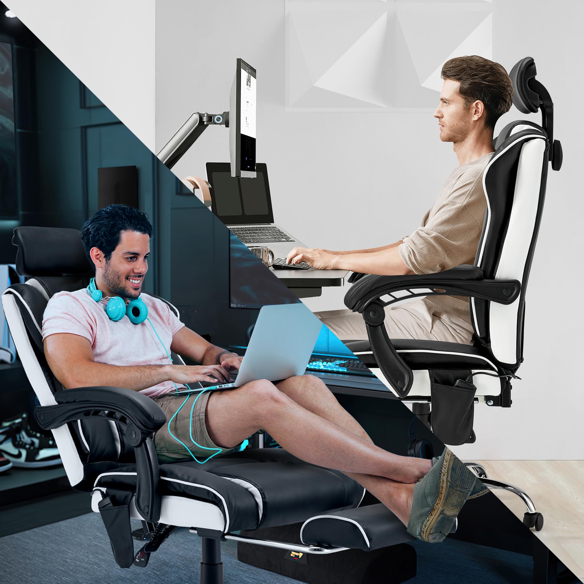 HOMREST 6-Point Ergonomic Massage Office Chair with Adjustable Footrest & Heated Reclining Backrest - Padded Armrest Executive Gaming Chair in Black - Perfect for Home Office, Workstation & PC Gaming Setup