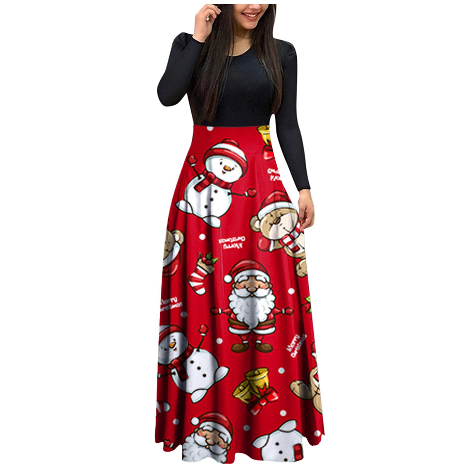 Festive Women's Christmas Long Sleeve Plaid Maxi Dress with Snowman Print - Empire Waist Holiday Party Dress for Christmas Dinner, Ugly Sweater Party & Winter Gatherings
